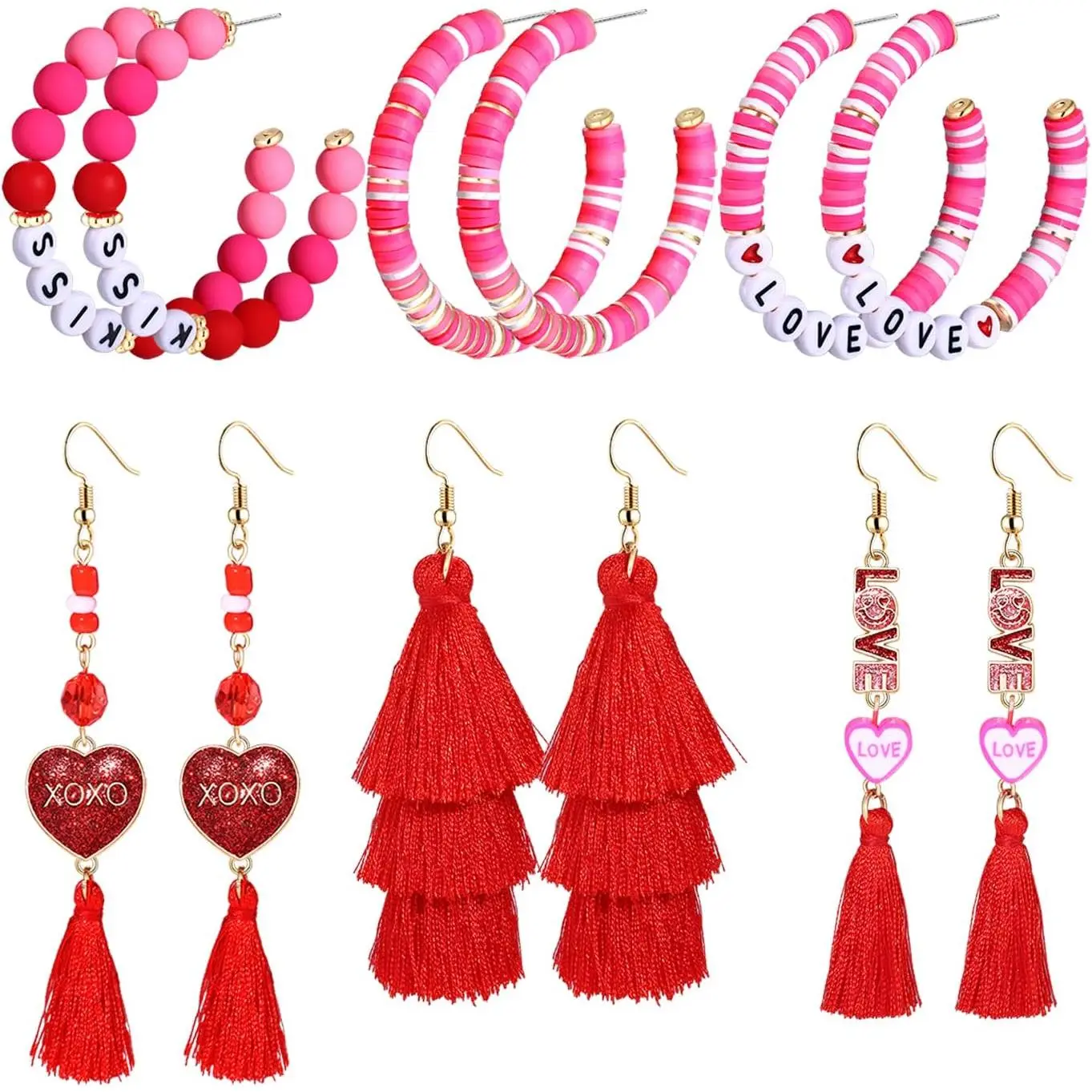 Valentines Earrings for Women 6/9 Pairs Valentine Heart Earrings Set Red XO XO LOVE Tassel Long Dangling Earrings   Heishi Beaded Hoop Stud Earrings Glitter Rhinestone  Studs Valentine’s Holiday