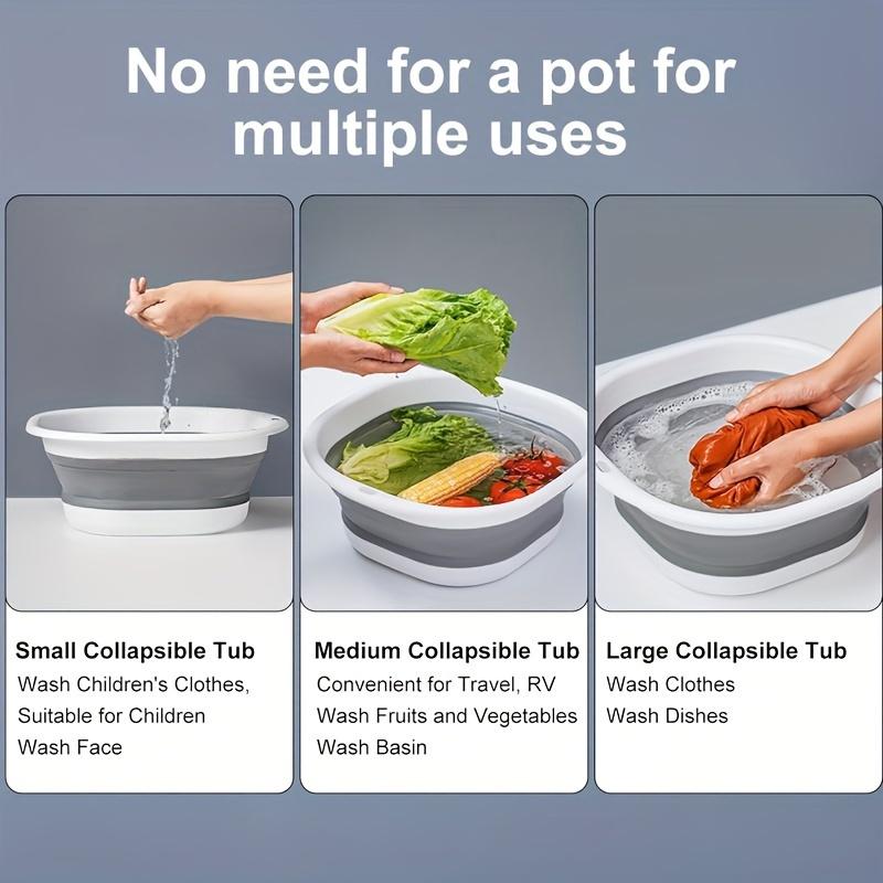 A Compact 3pcs Set That Includes a Collapsible Sink, a Portable Wash Basin, a Square Dish Tub, a Foldable Laundry Basket, And a Plastic Sink, Designed for Efficient Storage of Utensils, Fruits, And for Use During Camping