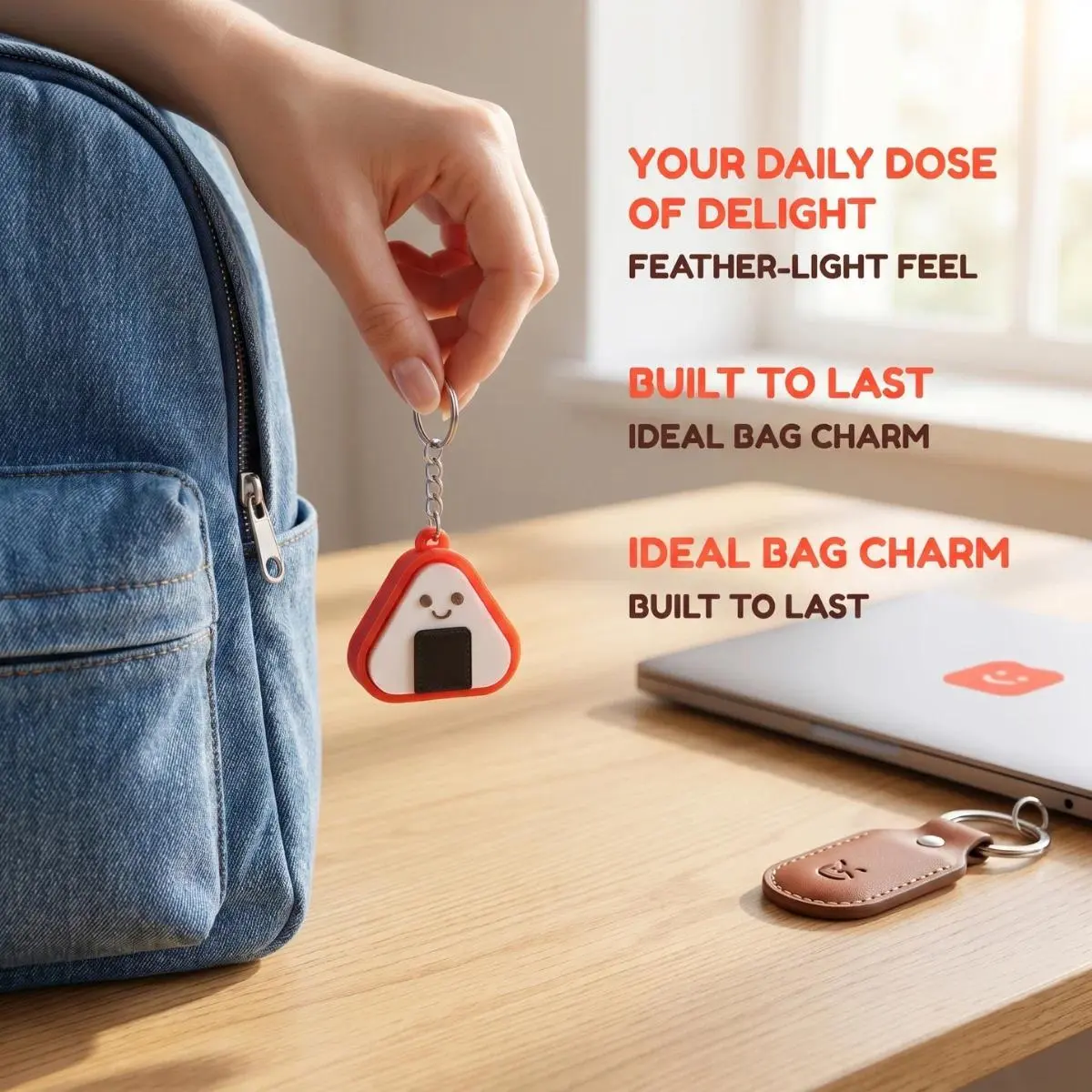 Kawaii Japanese Food Cartoon Keychain - Salmon Sushi/Onigiri/Tempura Lightweight Bag Charm for Adults with Sturdy Metal Key Ring