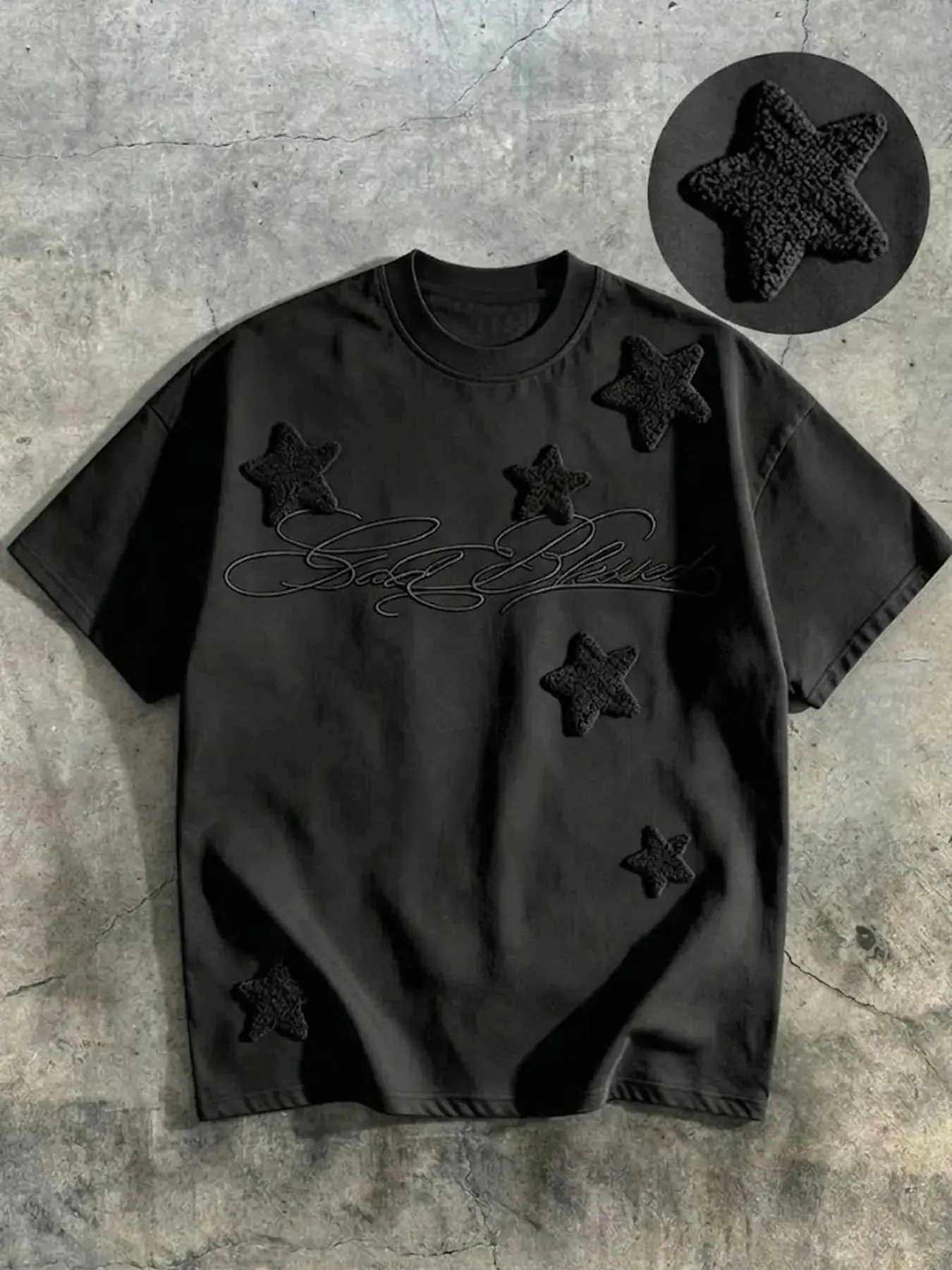 American High Street Star Embroidered Short Sleeve Men's T-Shirt, Vintage Letter Patchwork Loose Fit Crew Neck Tee, All Seasons Casual Wear, Menswear