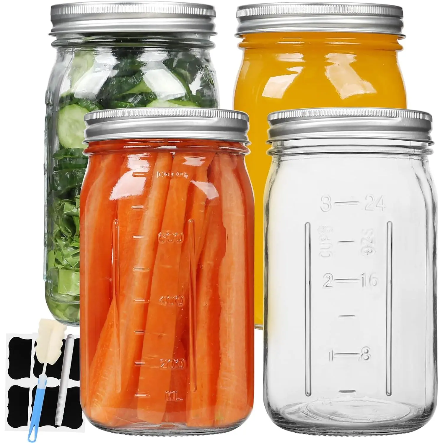 Mason Jars 32oz 4-Pack with Wide Mouth Airtight  | 1L Glass Canning Jars with Measuring Marks for Pickles, Jams, Salad,  Storage, Includes Labels, Pen & Brush