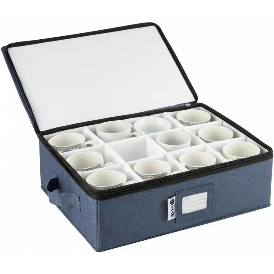 Mug Storage Container - Hard Shell China Organizer with Dividers - Holds 12 Mugs - Durable & Stackable Storage Box for Seasonal Dishware Protection - Denim Blue
