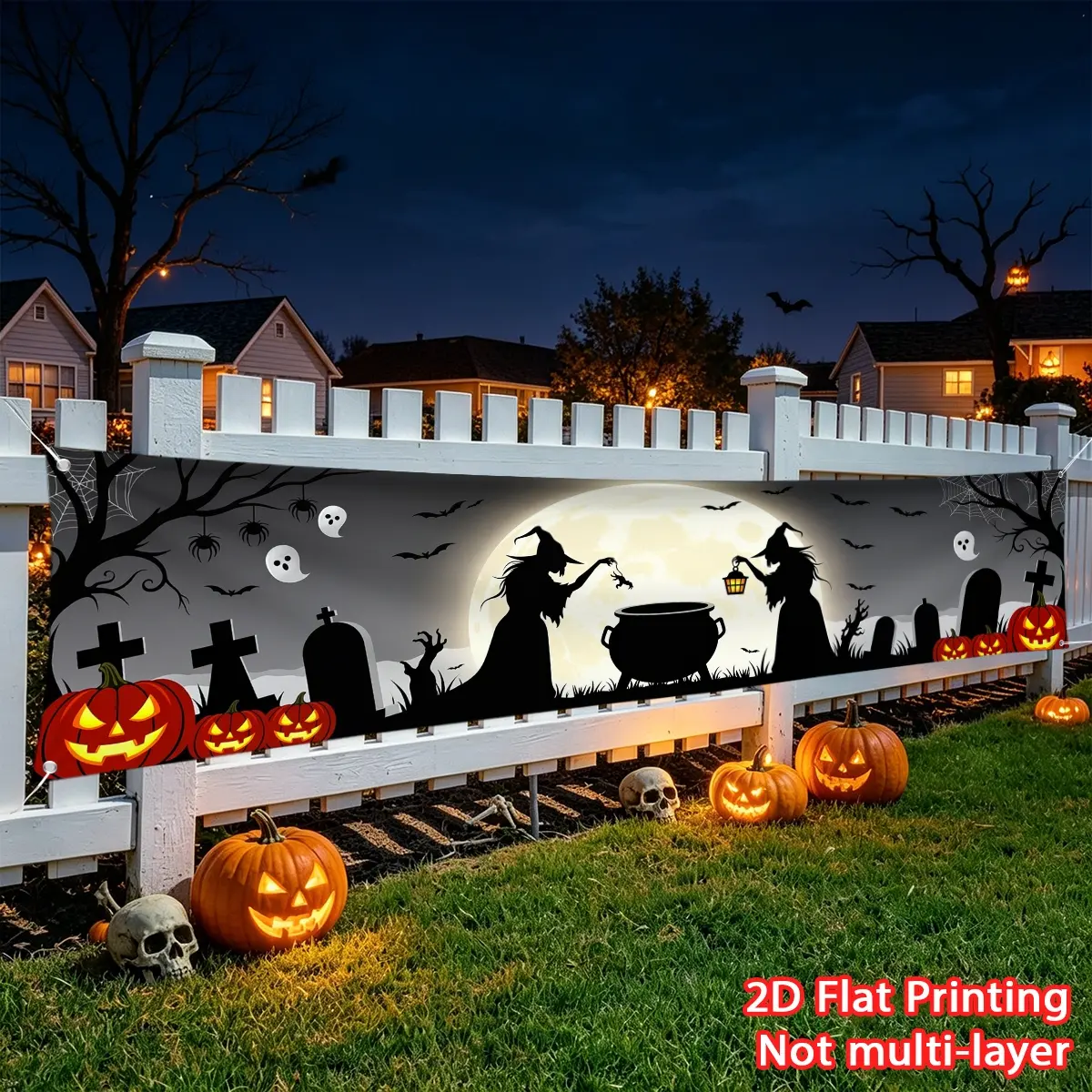1pc Halloween Banner Moon Night Double Witch Halloween Banner Large Banner, Fence Banner HD Printing Suitable for Fence Decoration