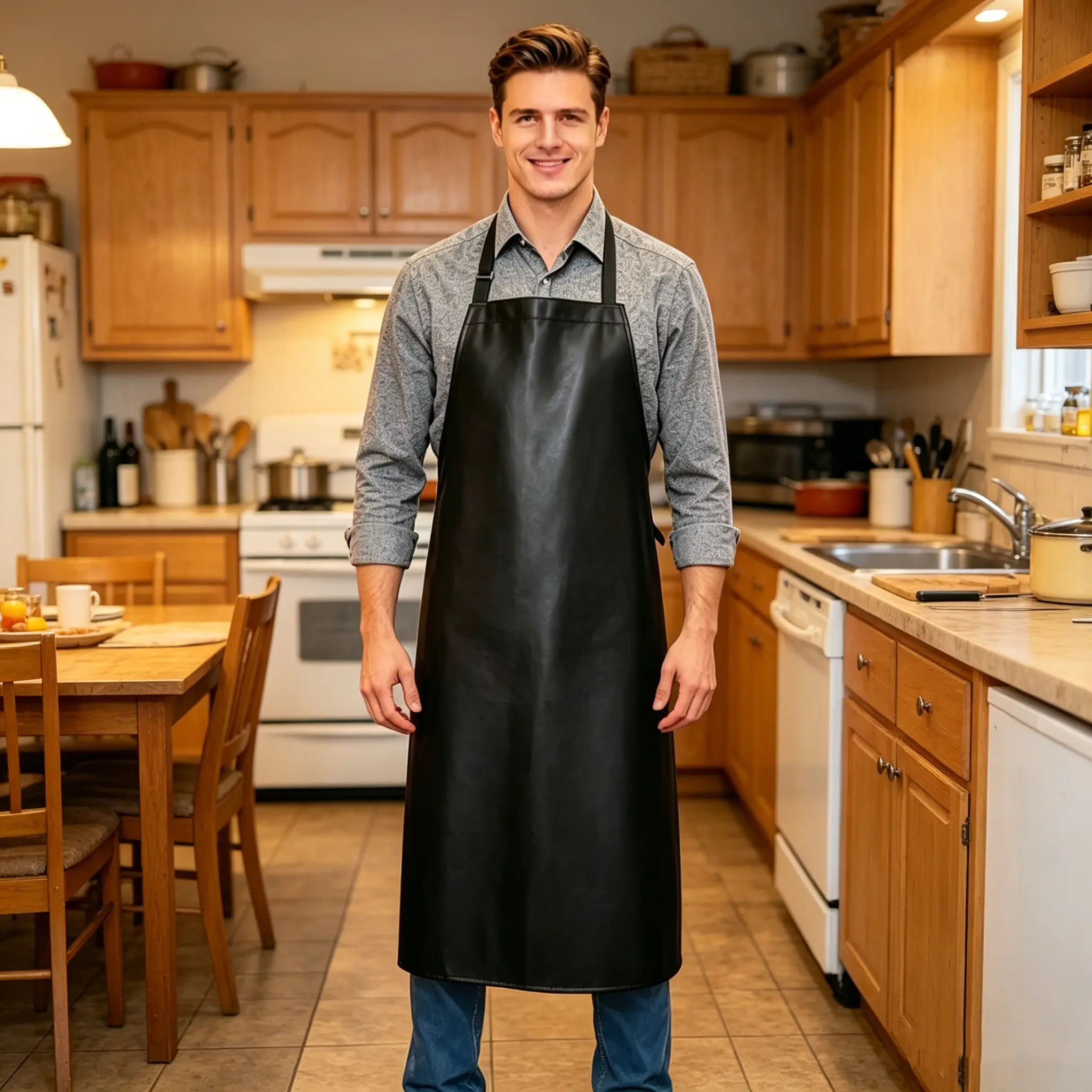 Adjustable Leather Apron, Oilproof Design, Ideal for Restaurant & Home Kitchen, Durable Protection, Easy to Clean