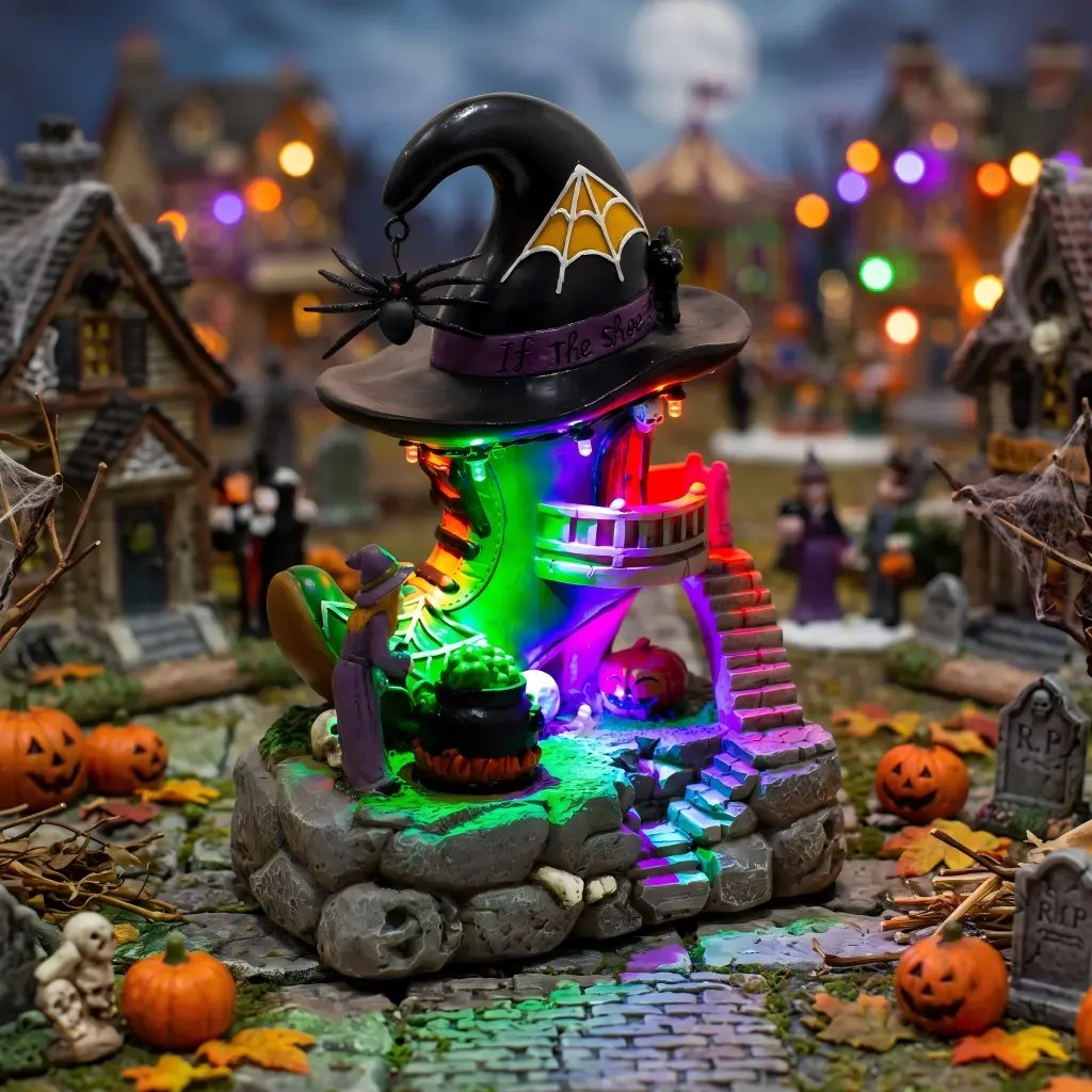 1pc Halloween Witch Shoe House Figurine Whimsical Spooky Style w/ Multi-Color LED Lights & Giant Witch Hat Perfect for Holiday Tabletop Party Display #halloweendecor #spookyseason #witchcore #halloweengift