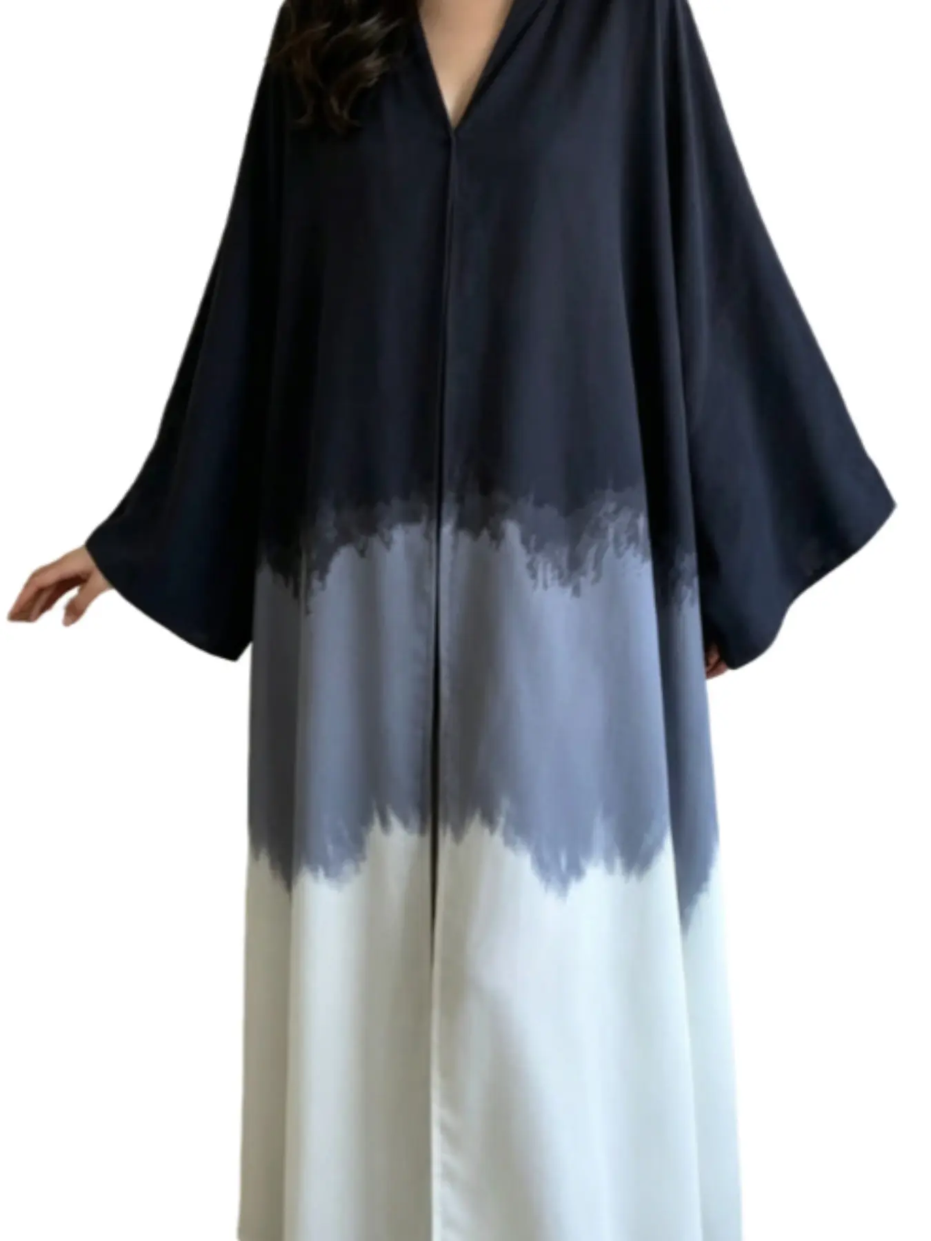 Gradient Fashion Muslim Abaya Robe, Loose Long Sleeve Maxi Dress, High-Quality Lightweight Polyester, Trendy Color Block Print, Daily Wear
