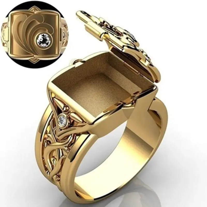Vintage Gold Hidden Compartment Poison Ring – Retro Carved Floral Rhinestone Secret Locket Ring for Men Women | Statement Keepsake Jewelry for Daily Wear & Memorial Gift