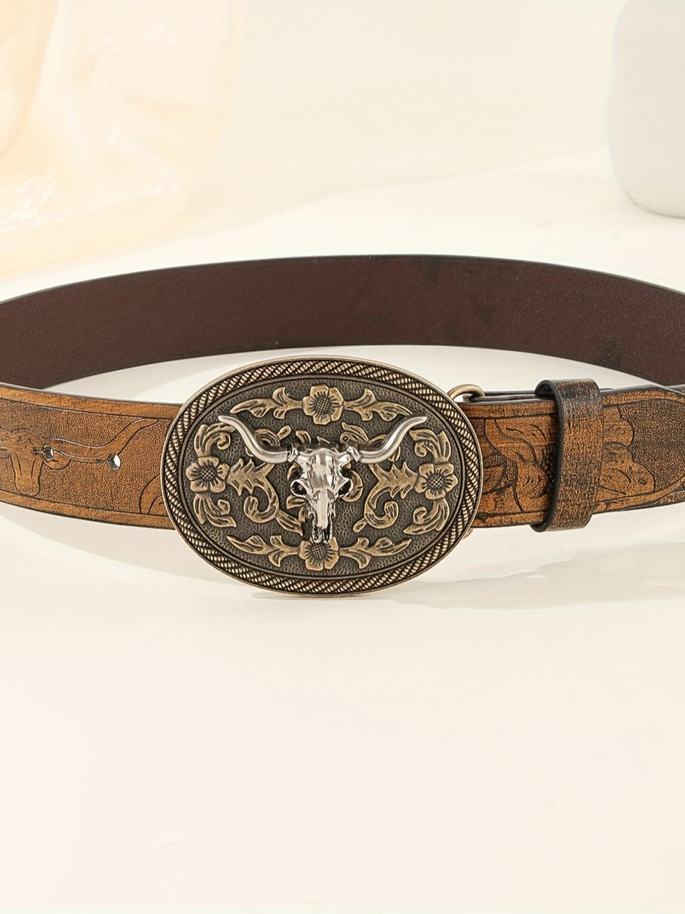 Vintage Flowers Embossed Western Belt with Cow Decor Buckle, Western Belt Buckles, Fashion All-match Cowboy Waistband for Jeans, Trendy Accessories for Daily Life