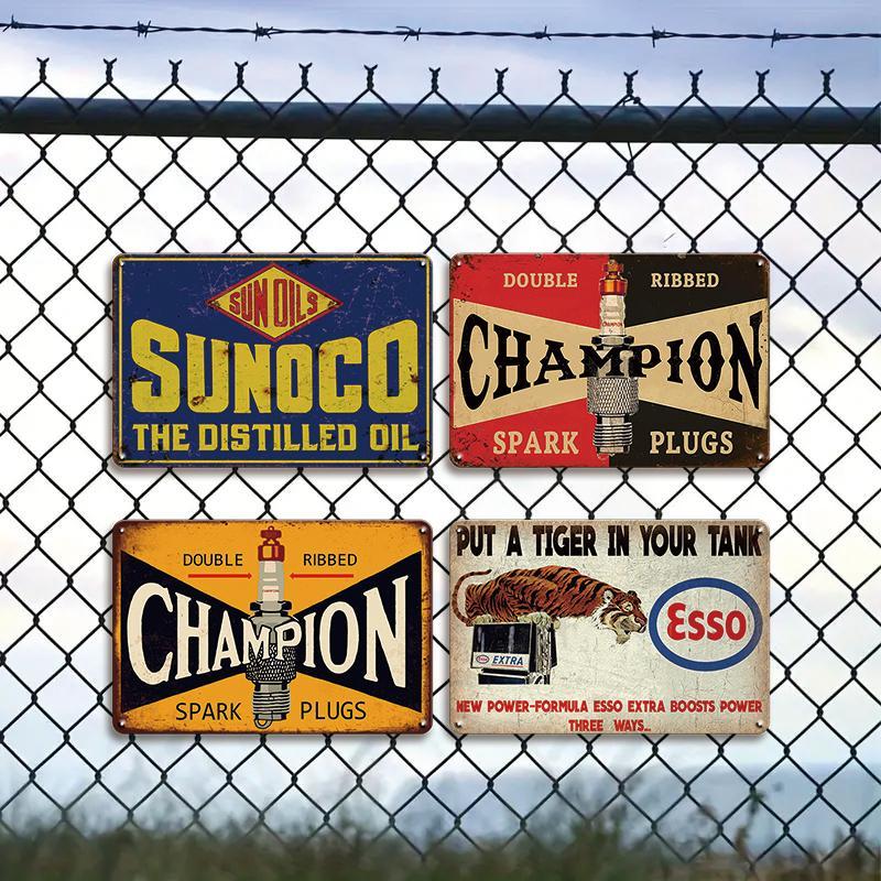Vintage Gas & Oil Metal Tin Sign, 4 Counts/set Rustic Metal Wall Art for Gas Station, Bar, Garage, Man Cave Decor, Home Decor, Home Decor Products
