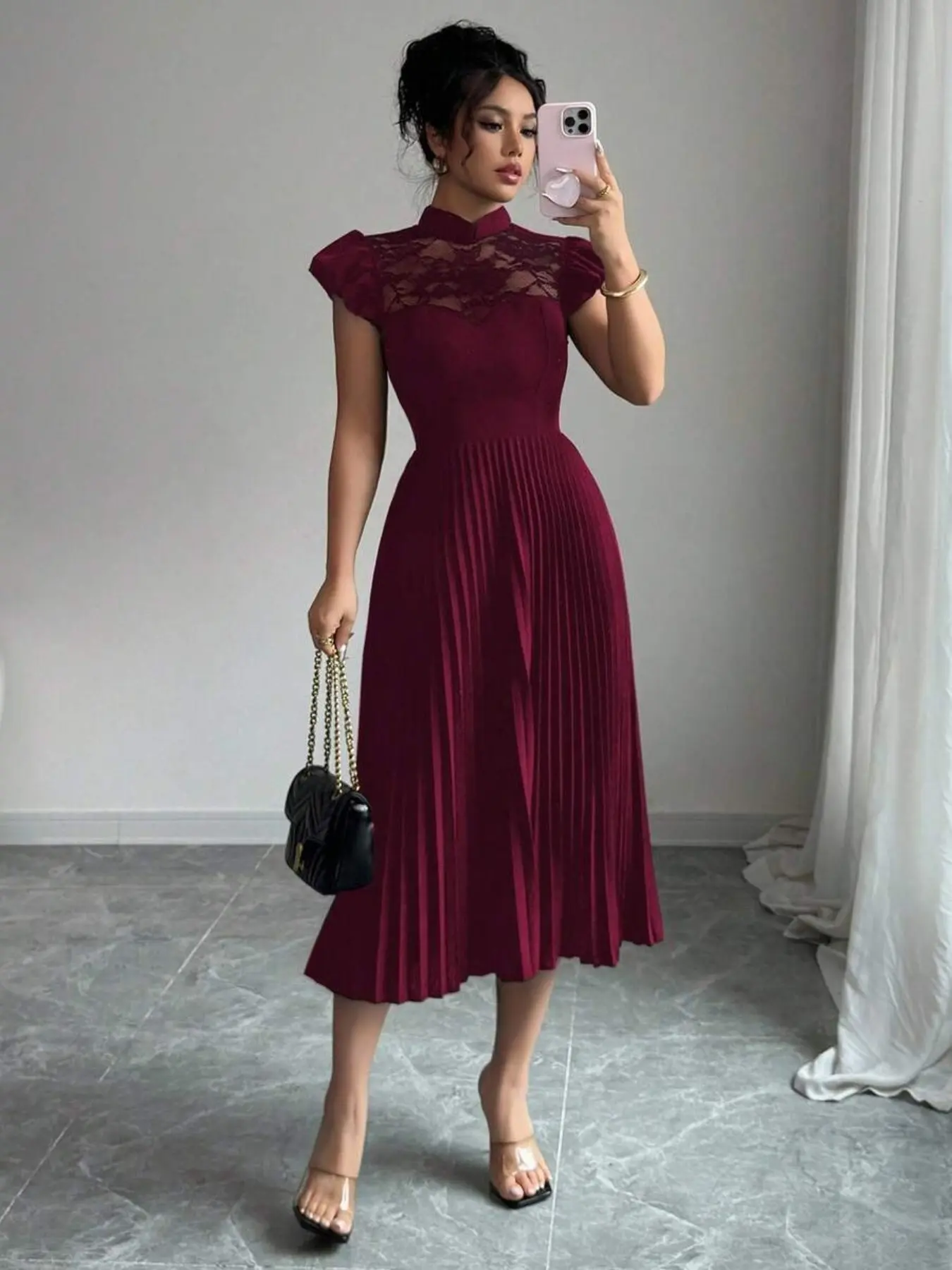 Burgundy New Traditional Stand Collar Lace Patchwork Pleated Midi Dress, Small Flutter Sleeve Waist Cinch A-Line Gown, Vintage Elegant Feminine Chic Wedding Guest Evening Dress, Dresses For Wedding
