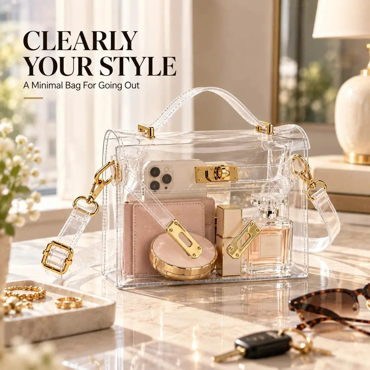 Women's transparent jelly-style crossbody bag; clear PVC shoulder and handbag; stylish bag compliant with stadium security regulations (featuring a gold-tone clasp).