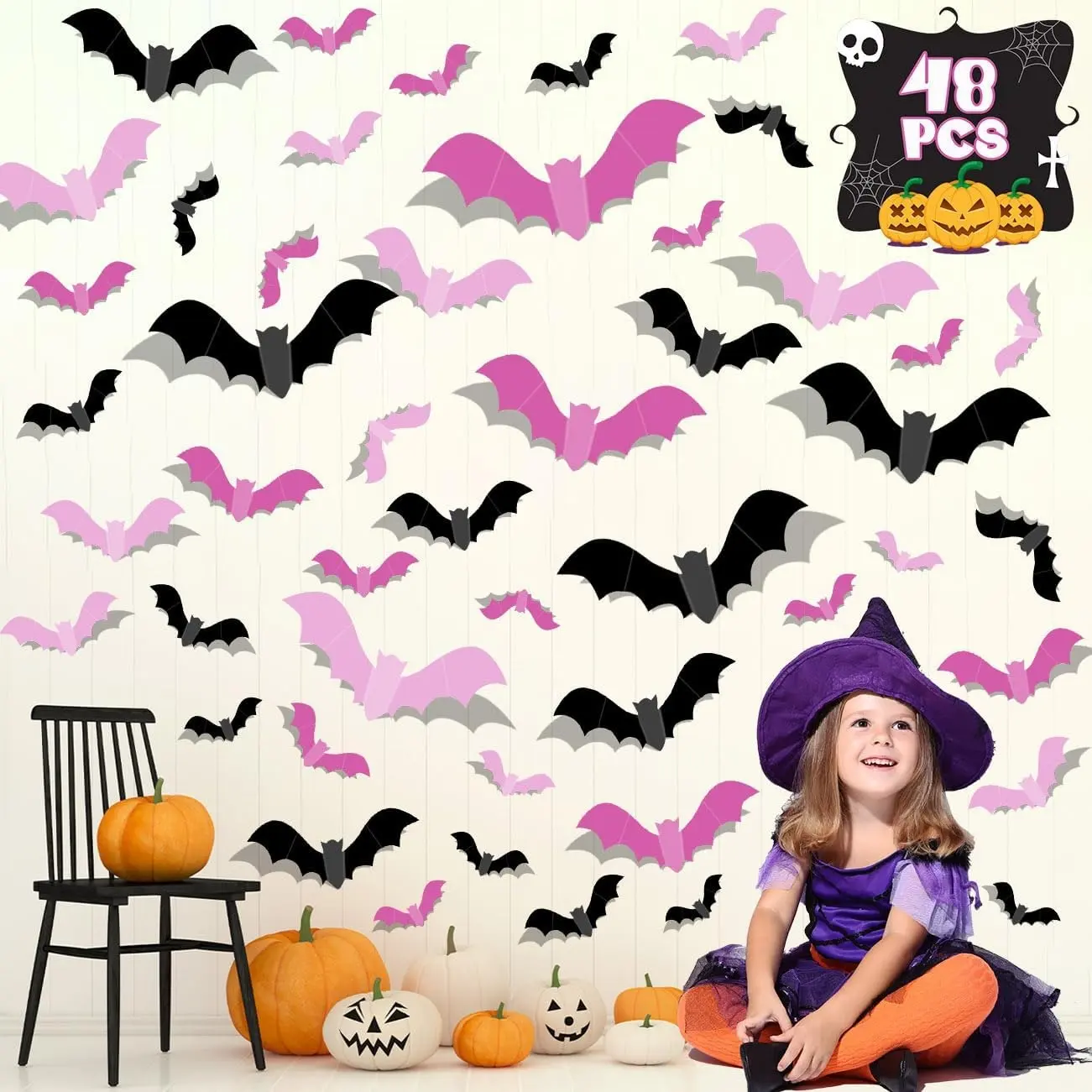 Bats Wall Decal, Blush and, 48pcs, 3D Bat Design, PVC Material, DIY, Halloween Theme, Indoor Use, Decorative Stickers