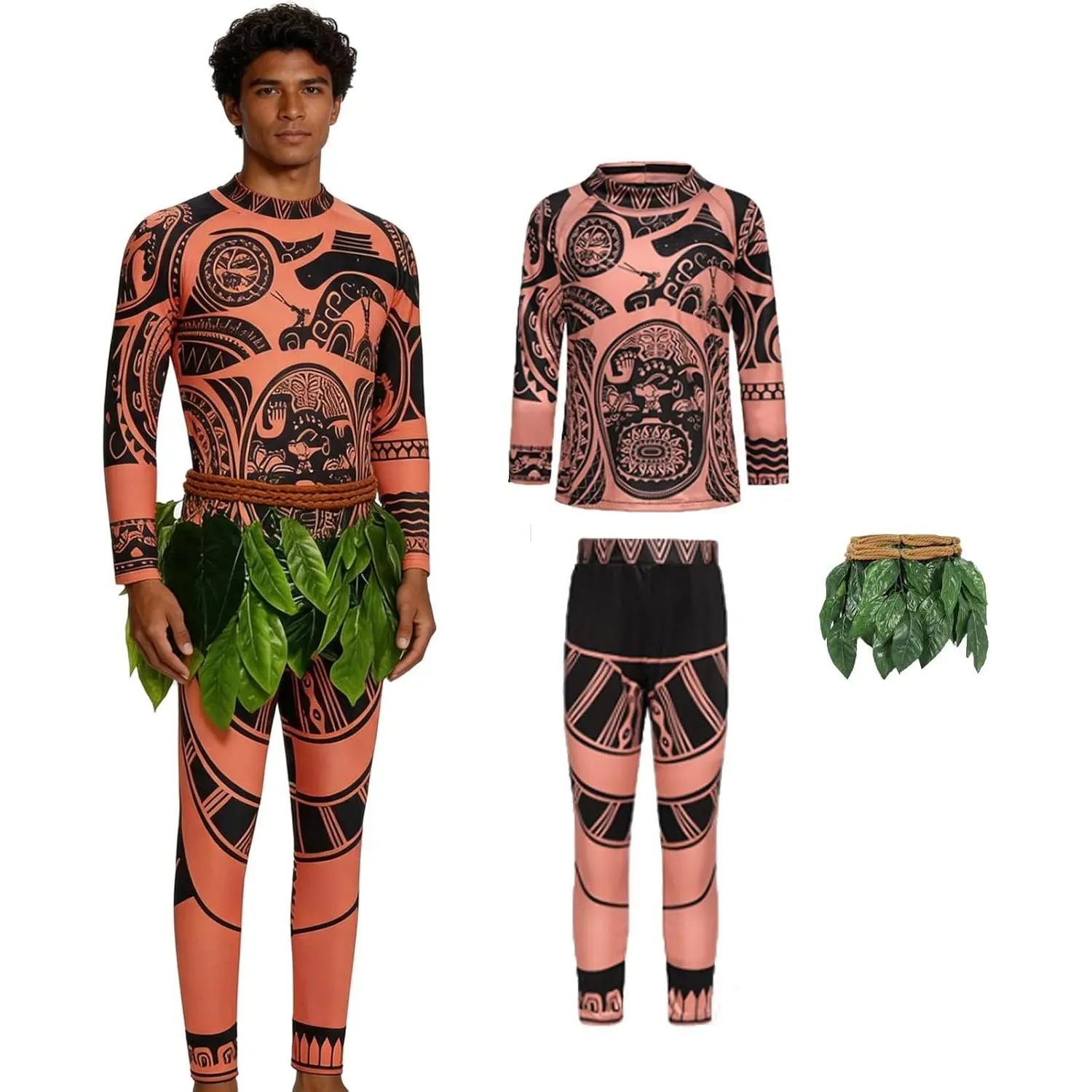 Men's Polynesian Adventure Costume with Polynesian Tattoo Print for Halloween, 3-Piece Knitting Set Includes Top, 1 x Bottoms & Leaf Skirt, 1 X Leaf Skirt, Leaf Dresses