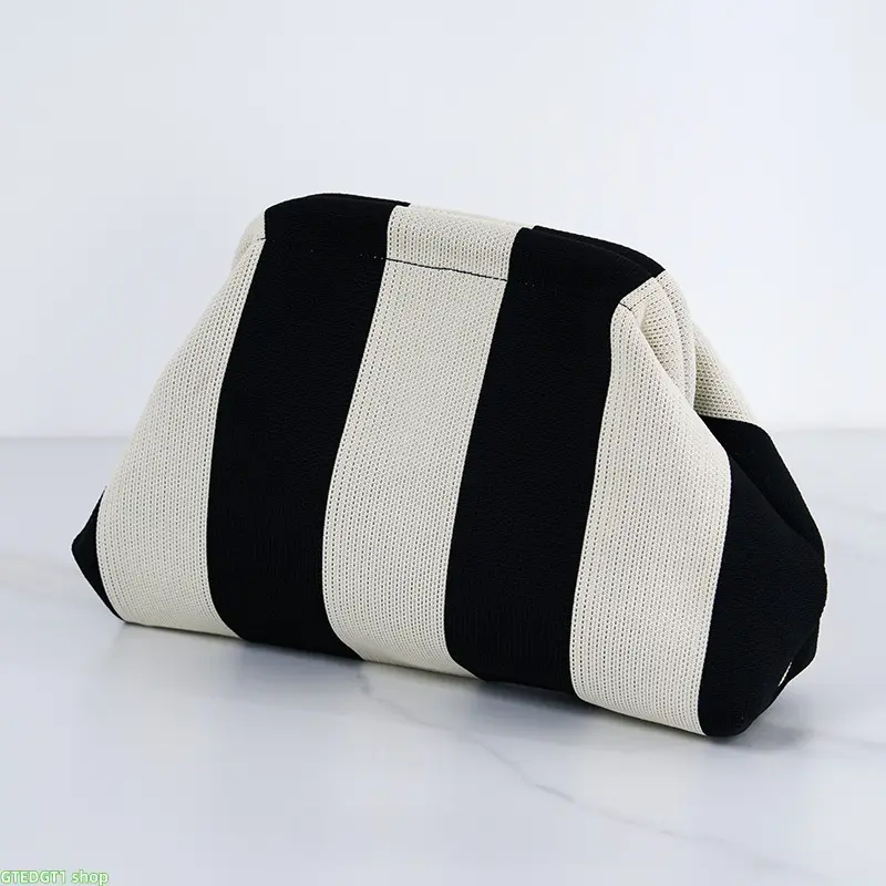 Women's Casual Chic Crochet Knit Dumpling Shape Lightweight Striped "Cloud" Clutch - Casual Beach, Urban Summer Luggage Accessory