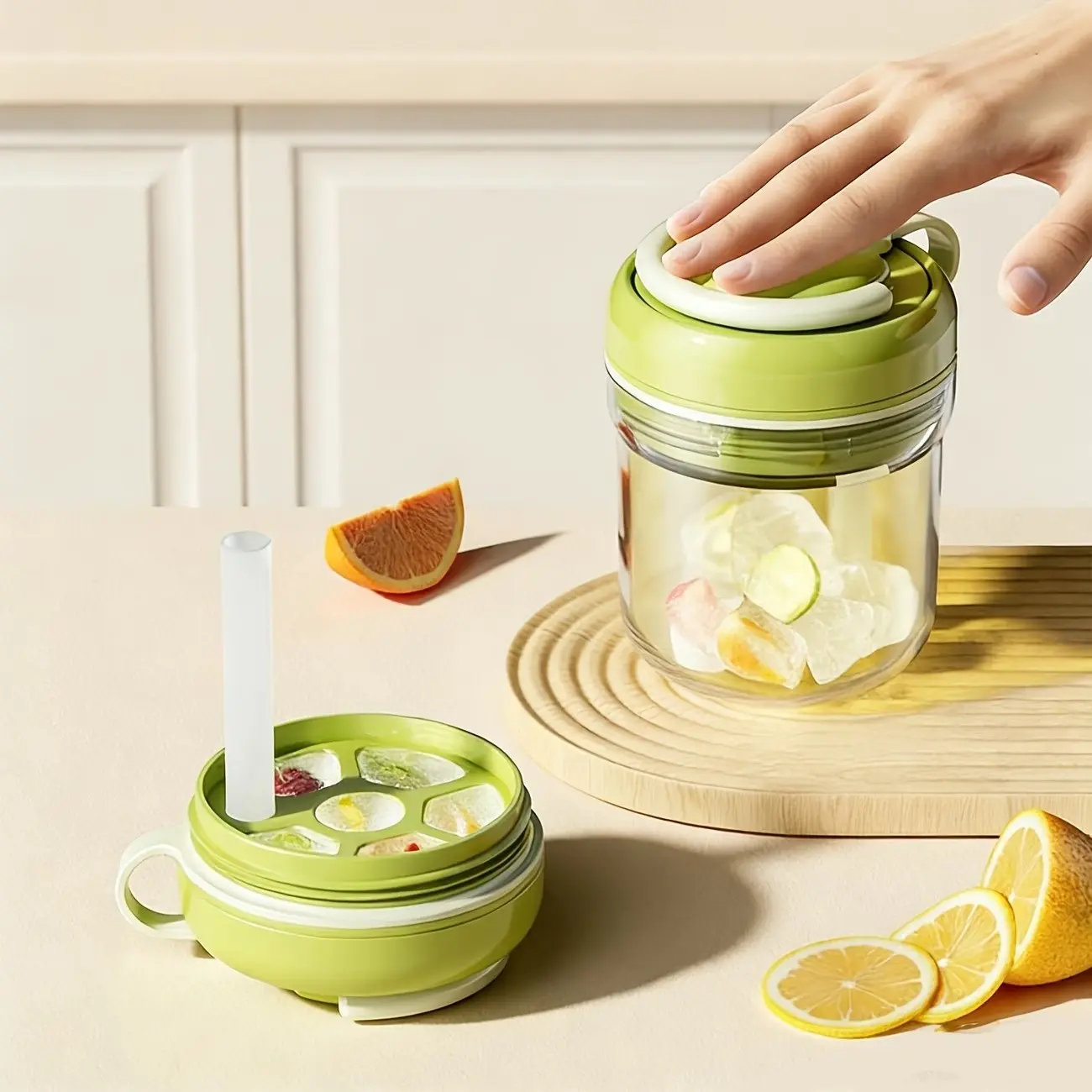 Three-In-One Ice Cube Tray, Food-Grade Ice Maker Mold, Portable Ice Box with Lid and Straw, Reusable Ice Storage Container