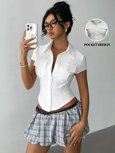 ✨  Viral white slim fit shirt | Short sleeved buttons, chest pocket details, slim waist, perfect for Y2K and female student aesthetics, fashionable TikTok top!