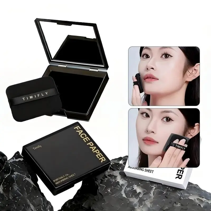 (1 box of formal + replacement) Facial oil-absorbing paper comes with a puff makeup mirror, oil control paper oil-absorbing cleaning and care tool, suitable for oily skin and summer oil and sweating, absorbing excess facial oil