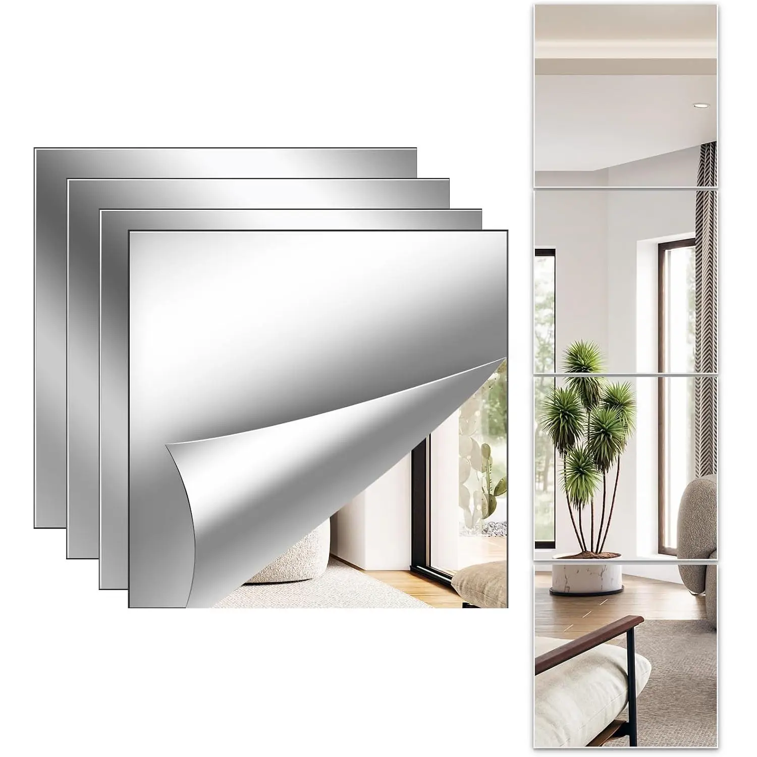 Full Length Wall Mirror Tiles, 12'' x 12'' x 4 count,  Unbreakable Full  Mirror for Bedroom Squares Shatterproof Mirror Sheets Wall Mounted for  Gym Door Plexiglass Mirrors Safe for