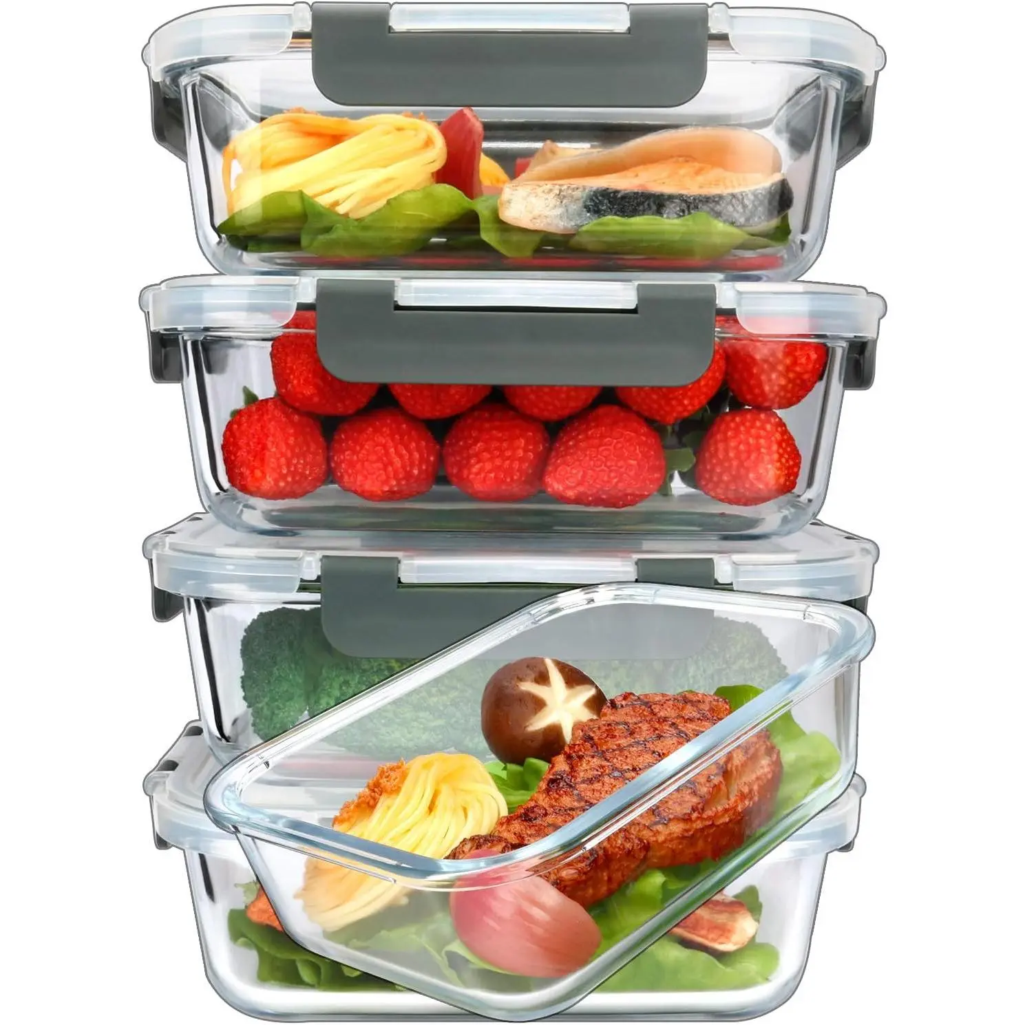 5 Pack 36oz Glass Food Storage Containers with Snap Lock Lids, Airtight Meal Prep Lunch Boxes, Safe for Microwave, Oven, Freezer & Dishwasher, 4.5 Cup Capacity