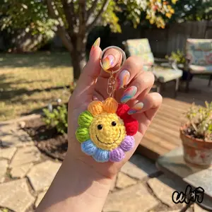 Handmade Crochet Sunflower Keychain Designed With Smiley Face Detail, Multi-Colored Bag Charm For Daily Handbag Decoration And Casual Friendship Gifts Prepared For Friends And Besties