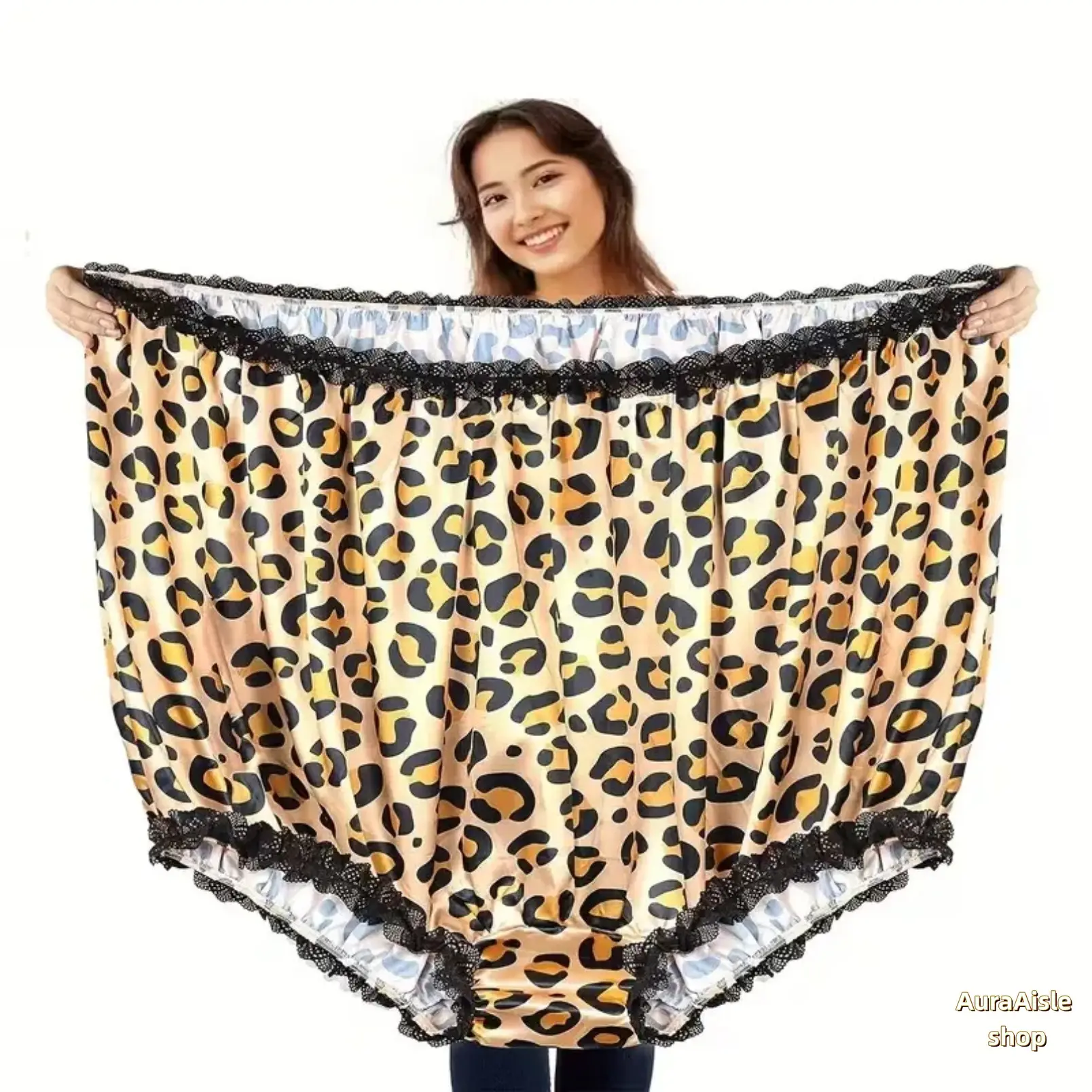 Women's Oversized Novelty Prank Panties - Leopard Print, Lace Trim, Unisex Giant Granny-Style Underwear with Fabric, Humorous Joke Accessory for Holiday Surprises, Birthday Pranks