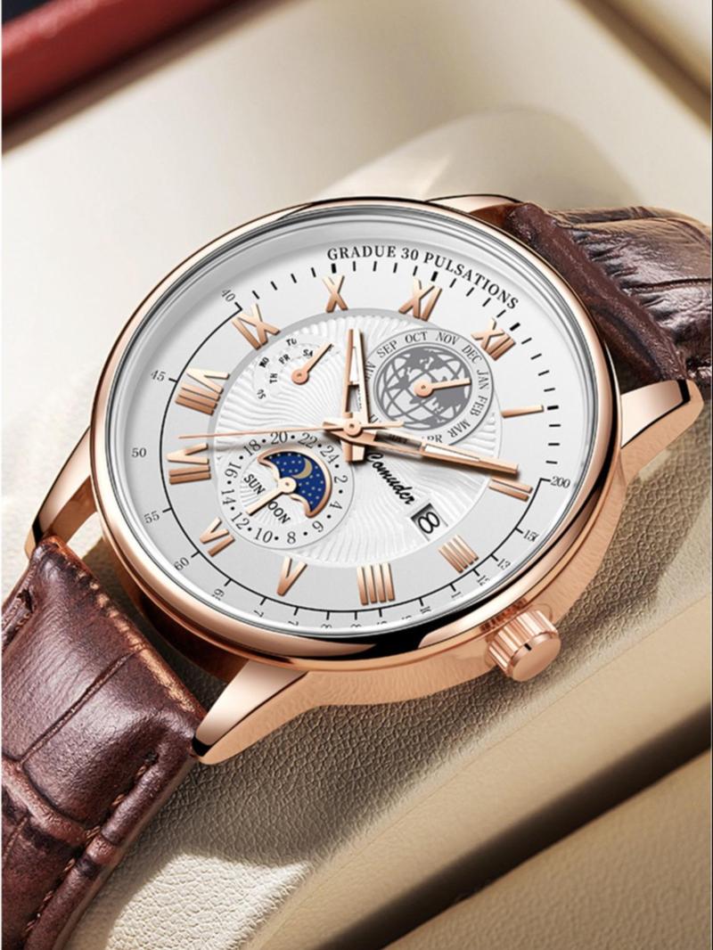 Men's Business Fashion Round Dial Analog Quartz Watch, Fashion Watch for Party, Daily Clothing Decor, Trendy All-match & Exquisite Watch for Birthday Gift with Box, Business Fashion Watches