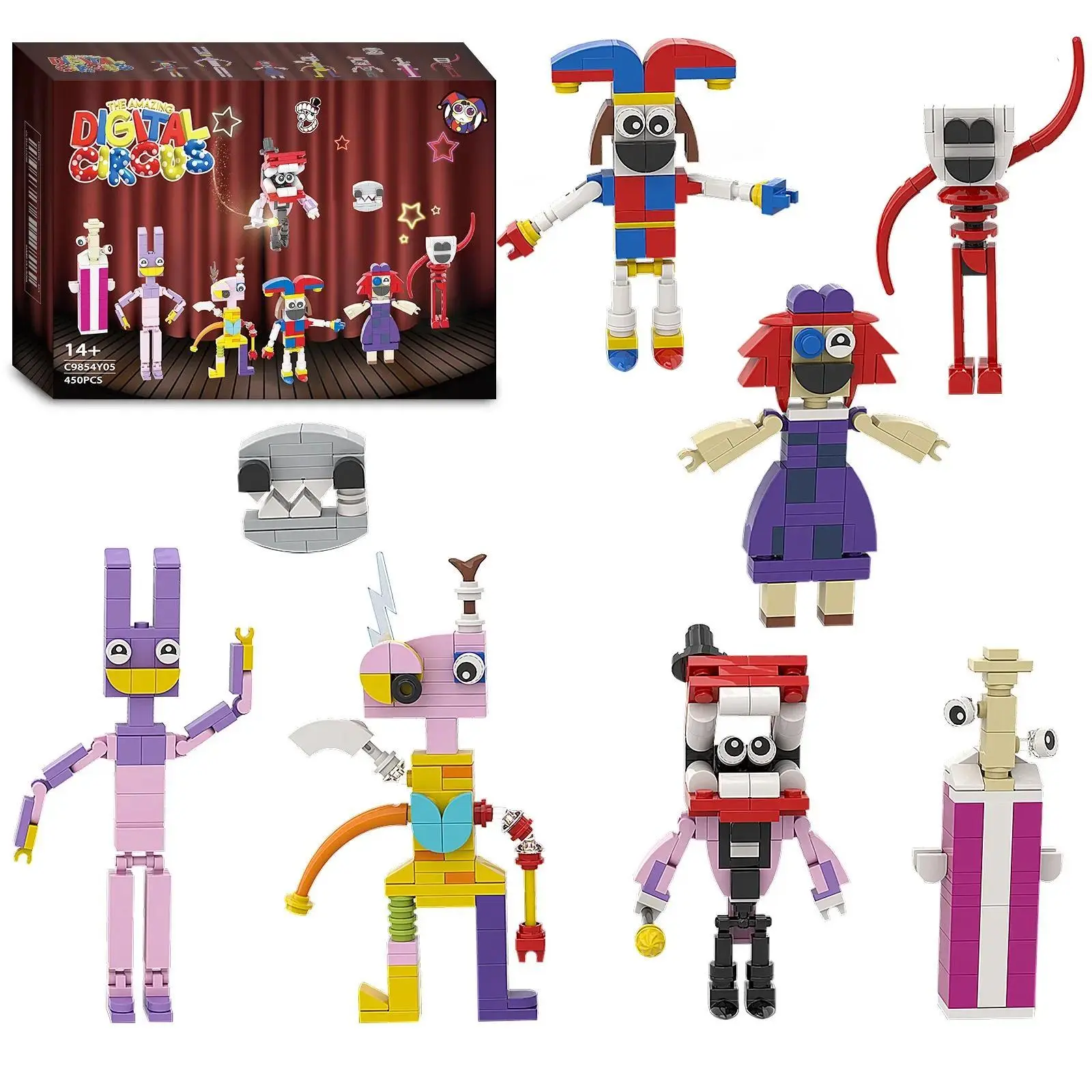 2026 new hot item 7PCS Amazing Digital Circus Building Blocks Model Kit Horror Animated Movie Character Assembly Toy 388PCS Kids Adults Gift