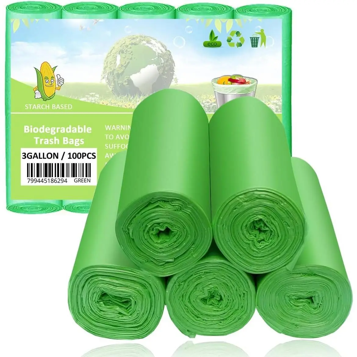 Compostable Trash Bags, 3 Gallon  Small Garbage Bags Green Wastebasket Liners for Bathroom Office  Bins, 100 Counts