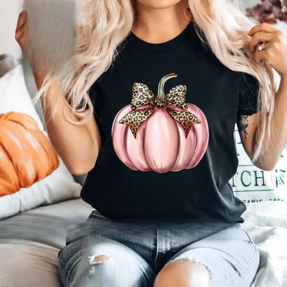Fall Pumpkin Shirt, Watercolor Pink Pumpkin Tshirt for Fall Lover Gift for Women, Pumpkin Coquette Bow T-Shirt, Cute Autumn Halloween Tee, unisex