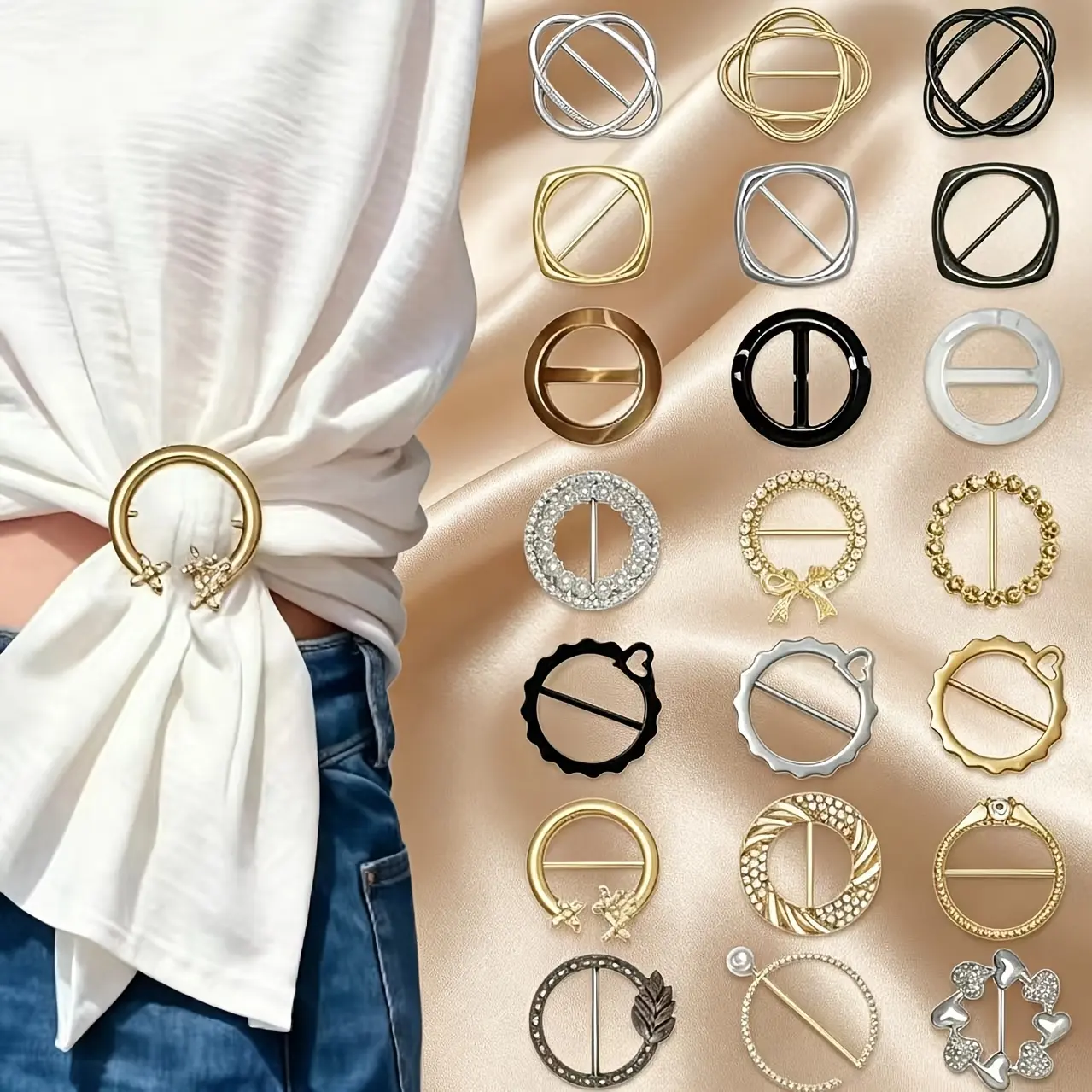 [Clothing Tighteners Set] 21 Pack Multi-Use Clothing Tighteners - T-Shirt Cinch Clips, Scarf Rings & Dress Corner Knot Clips - Metal Side Tie Fasteners for Men & Women
