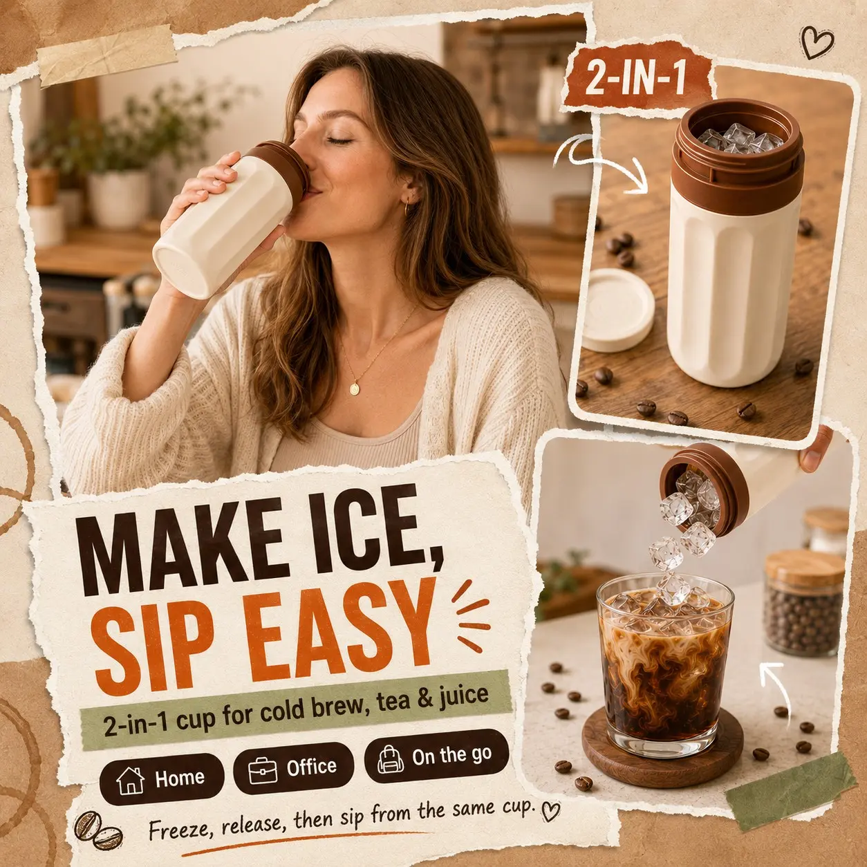 2-in-1 Ice Tray Cup, Portable Ice Mold Cup with Easy Ice Release, Cold Drink Cup for Iced Coffee, Cold Brew, Tea, Juice & Travel, Drink Accessories