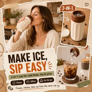 2-in-1 Ice Tray Cup, Portable Ice Mold Cup with Easy Ice Release, Cold Drink Cup for Iced Coffee, Cold Brew, Tea, Juice & Travel, Drink Accessories