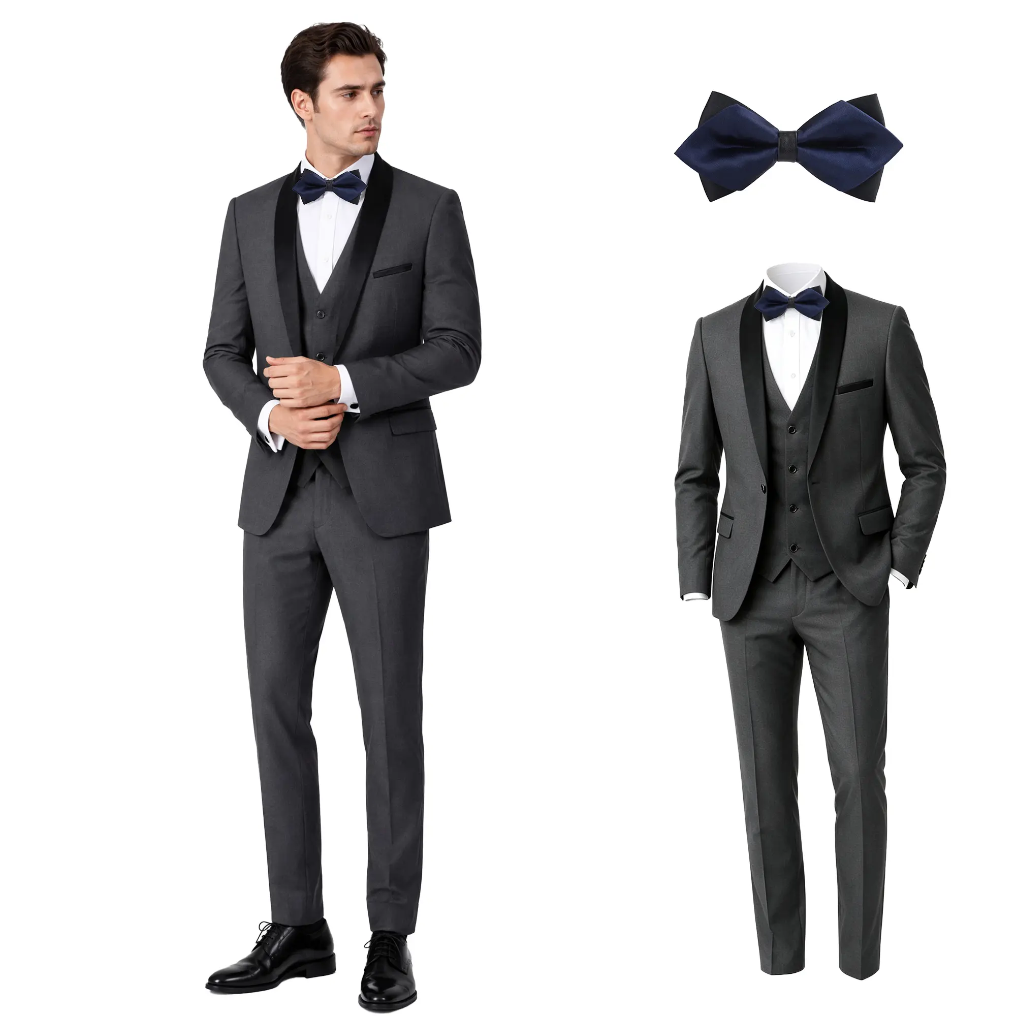 Men's Charcoal 3-Piece Satin Lapel Tuxedo Suit – Formal Blazer, Vest & Pants for Weddings & Gala Events, Comes with Free Bow Tie