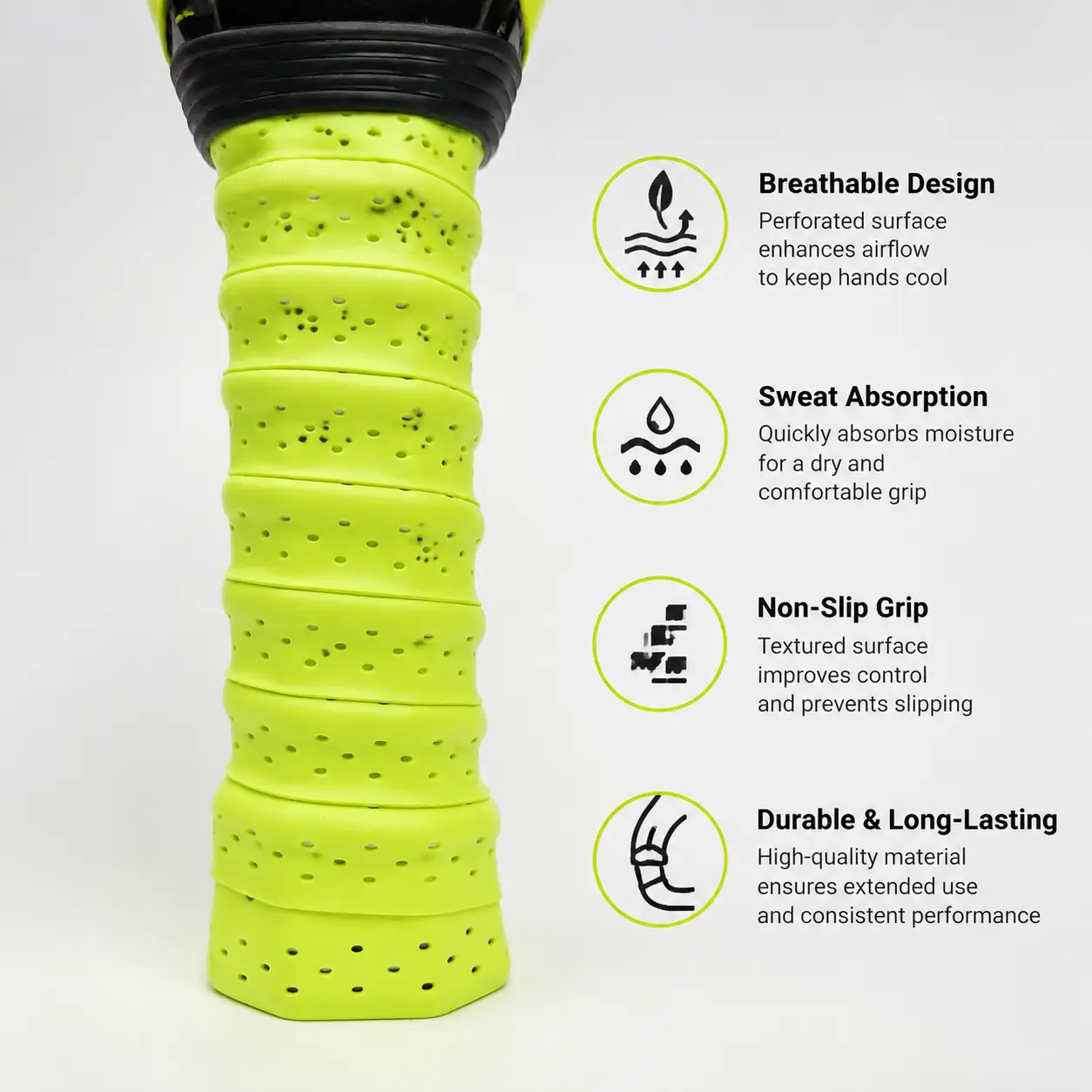 Premium Perforated Pickleball Overgrip Tape with Enhanced Grip Texture, Breathable Micro-Perforations, High-Tack Adhesive Backing, and Ergonomic Contour Design for Comfortable, Non-Slip, Long-Lasting Handle Wrapping