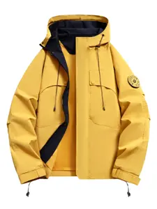 Workwear Hooded Jacket, Casual Workwear Style Snap Button Multi-Pocket Coat, Adjustable Drawstring Windproof Jacket, Unisex Camping Short Trip