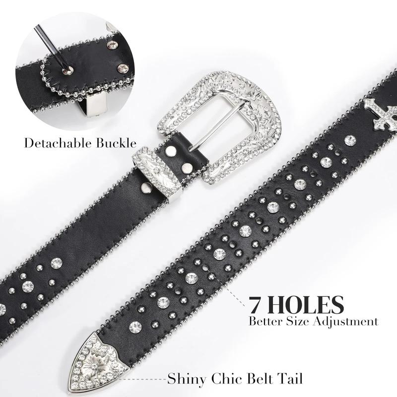 XZQTIVE Rhinestone Belt for Women & Men - A Fusion of Fashion & Western Charm, Cowgirl Cowboy Bling Style, Cross-Design Leather Belt with Diamond Studs, Perfect for Jeans & Dresses