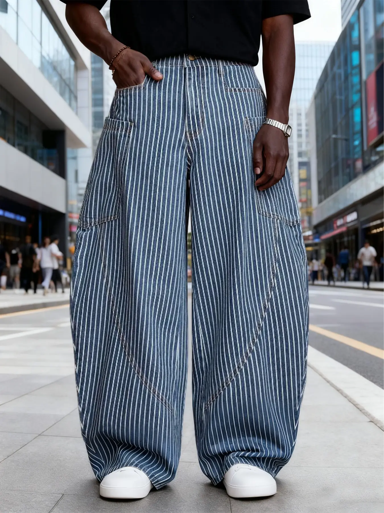 Men's Vintage Light Blue Striped Wide Leg Jeans, Floor-Length American Loose Streetwear, Curved Banana Pants, Versatile Fashion