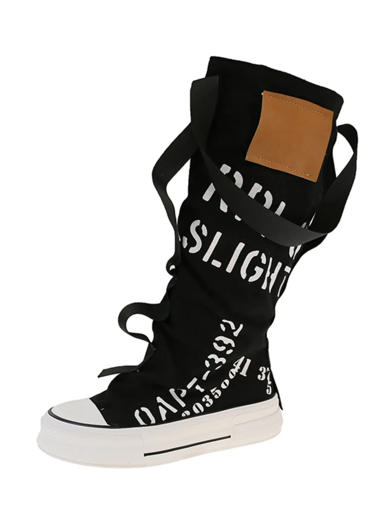 Vintage Ruched Slouch Canvas Boots Women Letter Print Strap Ornament Leather Patch Platform Pull On Streetwear Knee High Boots