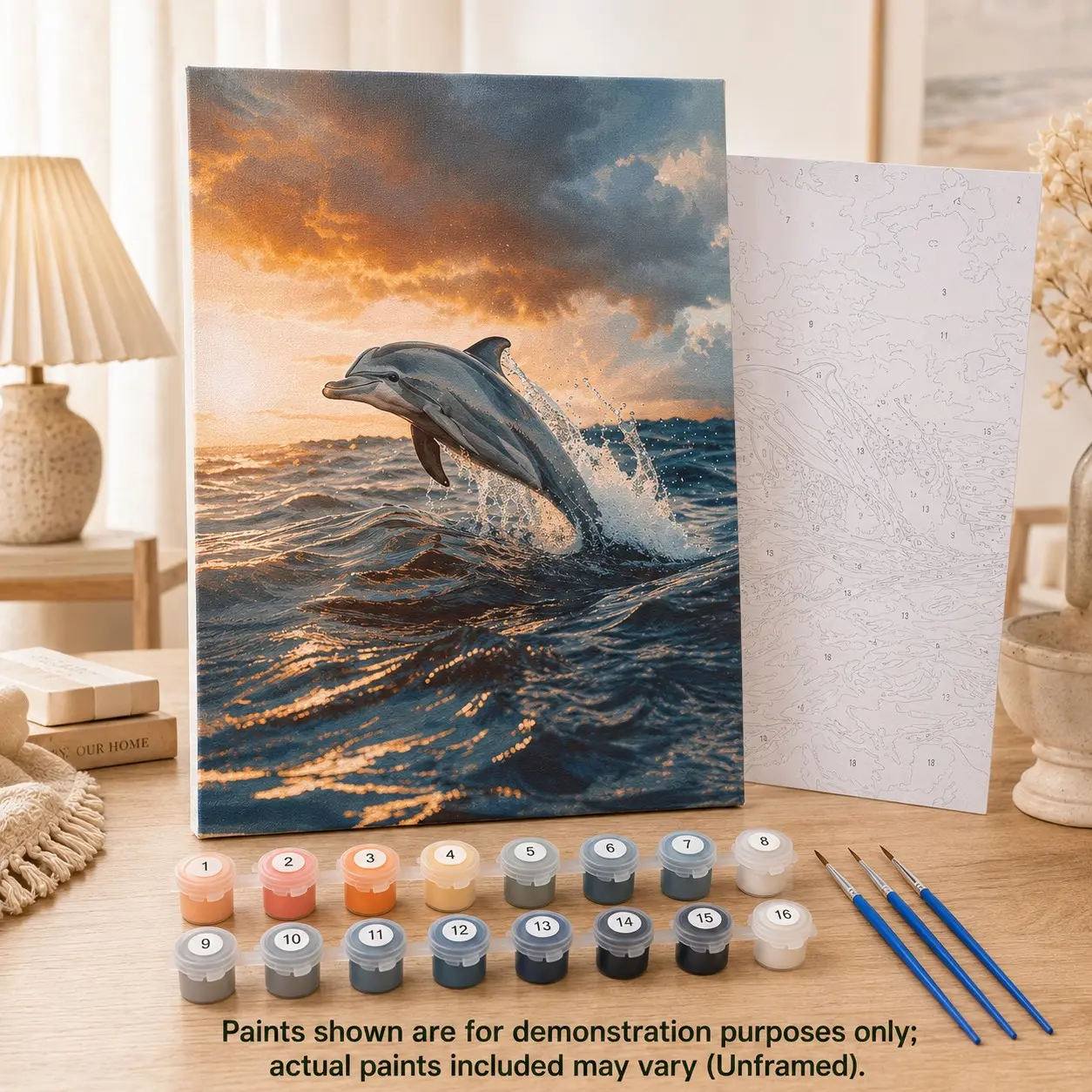 Dolphin Leaping DIY Paint by Numbers Kit, Sunset Ocean Healing Style, 40x50cm Canvas, Paint Canvases for Painting, Colors & Brushes Included, Adult Relaxation Gift