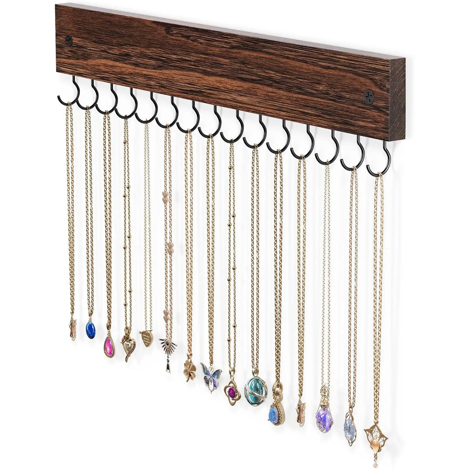 Wooden Necklace Holder for Wall with 15 Hooks, Necklaces Hanger Easy Install Wall Mount Necklace Organizer,  Hangers for Chains, Bracelets, Earrings -Brown