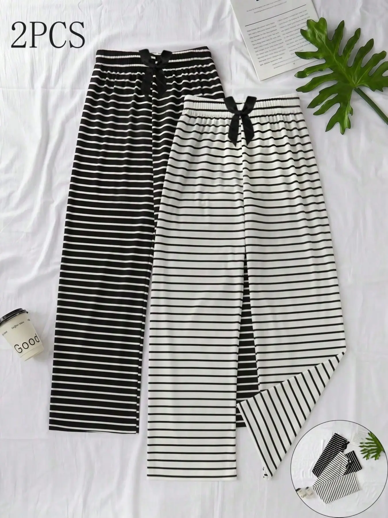 2pcs Teen Wide Leg Lounge Pants, Basic Casual Style, Stripe, Soft Breathable Sleep Pants with Bow, Ideal for Daily Home Wear