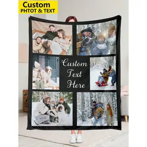 Personalized 6 Photos+Text Center Custom Flannel Throw Blanket - Wrinkle Resistant, Soft Cozy Memory Blanket for Adults, Children, Home Decor Couch - Christmas Birthday Anniversary Gift