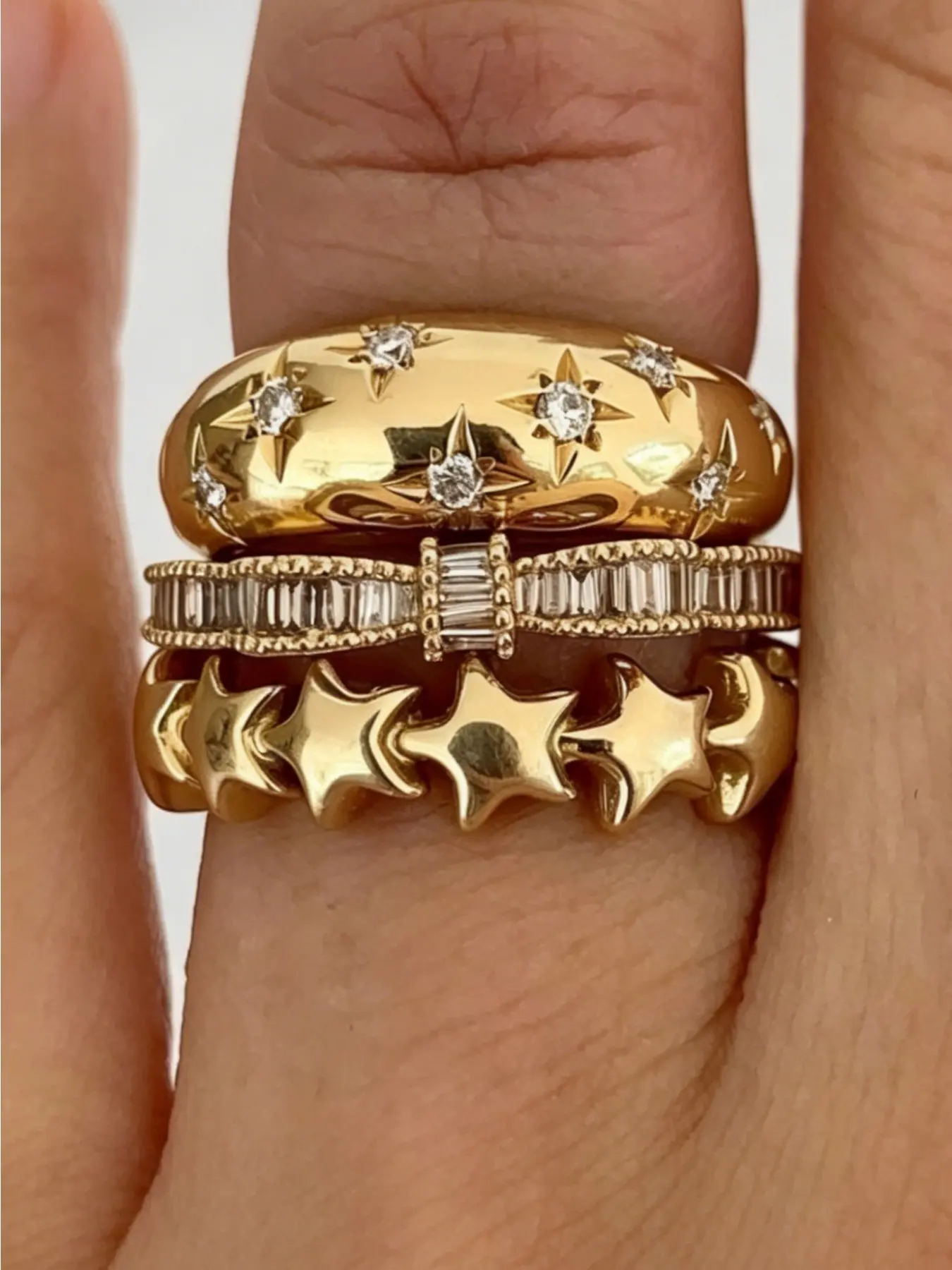 3Pcs Stackable Star Ring Set, Sparkly Zircon Inlaid Dome Band & Baguette Stone Finger Rings, Vintage Celestial Layering Fashion Jewelry for Women, Triple Stacking Ring