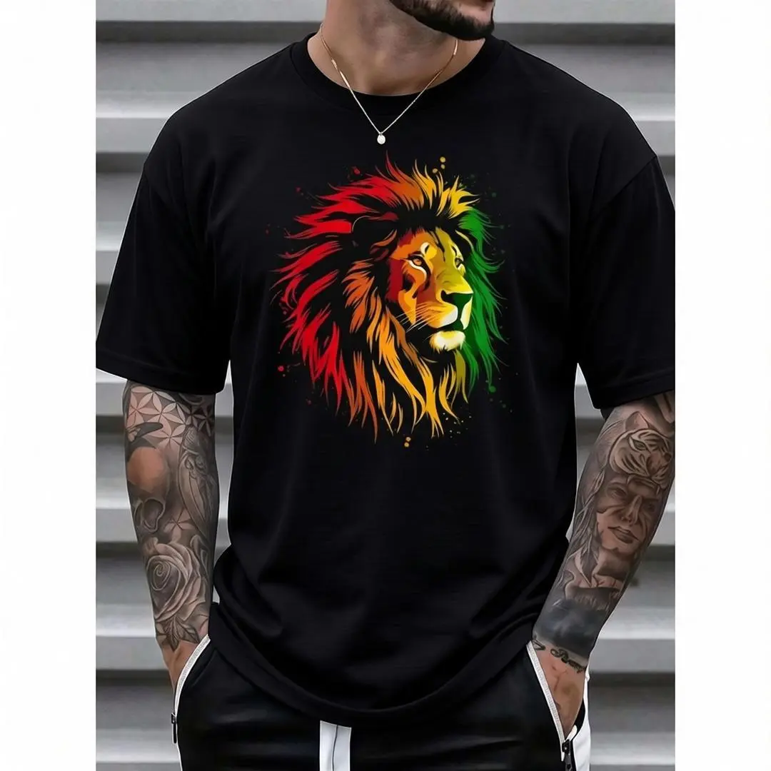 Men's Comfy Short-Sleeve Streetwear Top - Rasta Lion Christian Tshirt, Trendy Black Color, Shortsleeve, Fabric, Classic, Basic, T-Shirt, Cotton, Fashion, Graphic