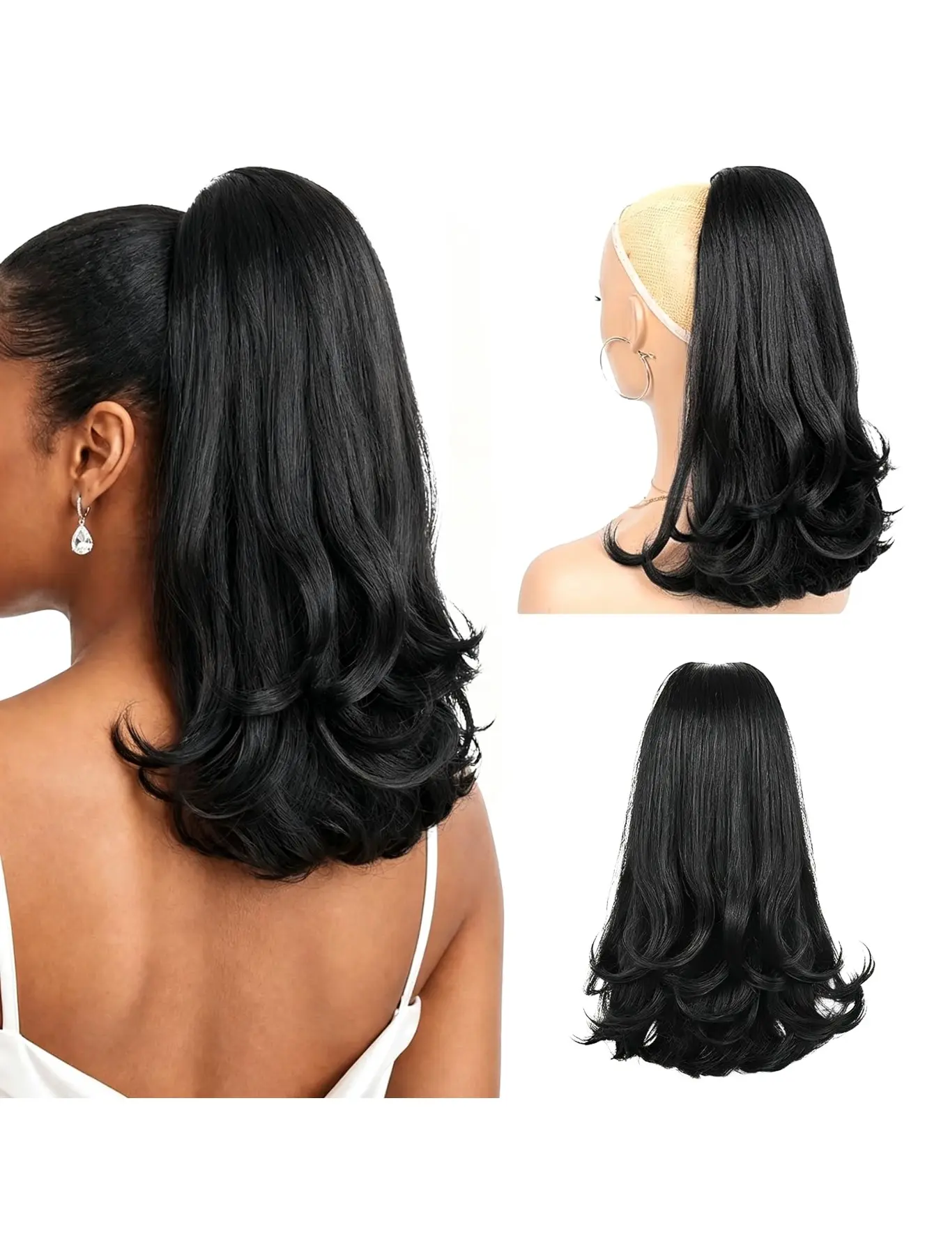 Drawstring Ponytail Extension for Black Women, 16 Inch Yaki Kinky Straight Flick Style Hairpiece with End Curls, High-quality synthetic hair strands