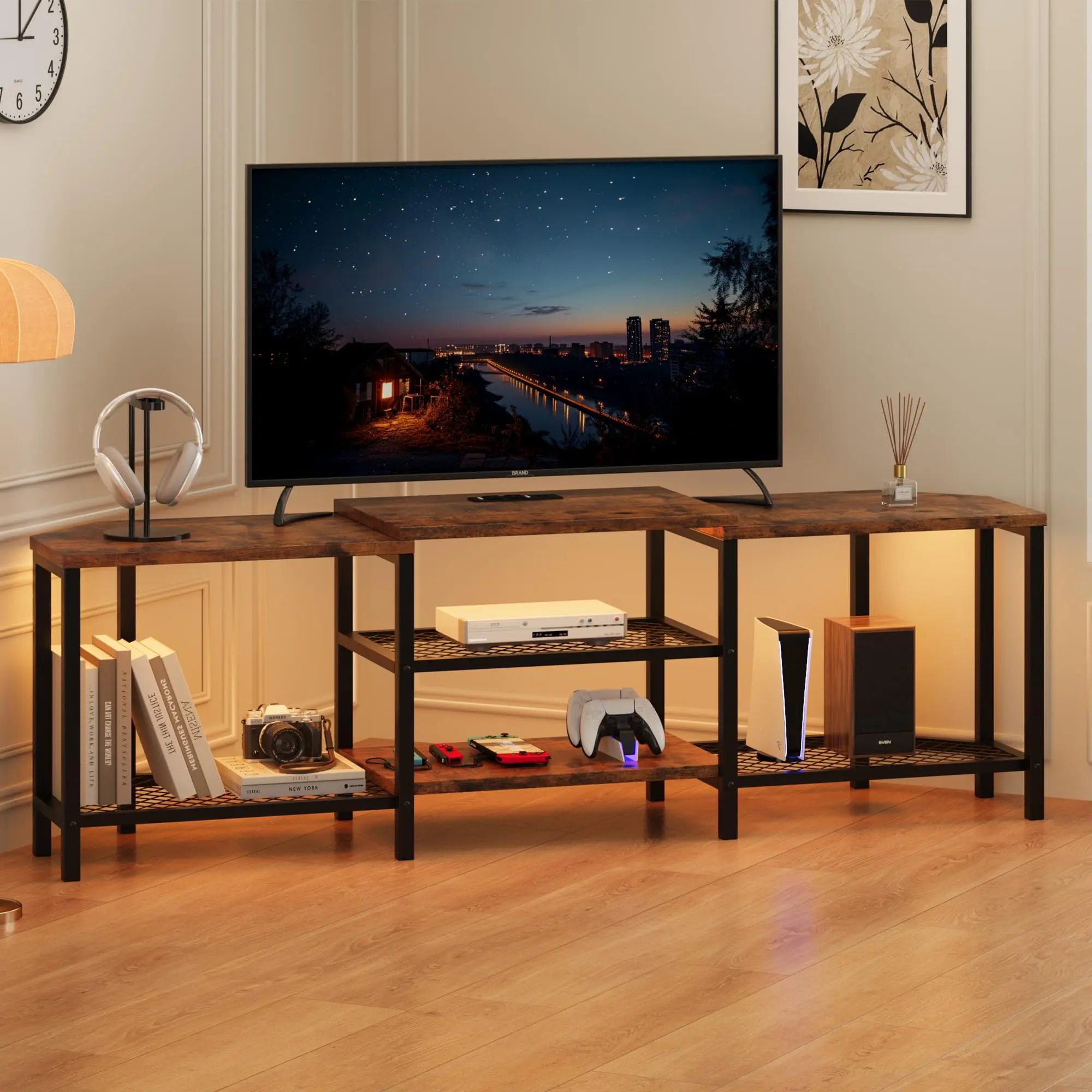 Garvee Large TV Stand for 55/65/67/75 Inch TVs with LED Lights, Corner Entertainment Center with Power Outlets, 4 Open Storage Shelves, and Console