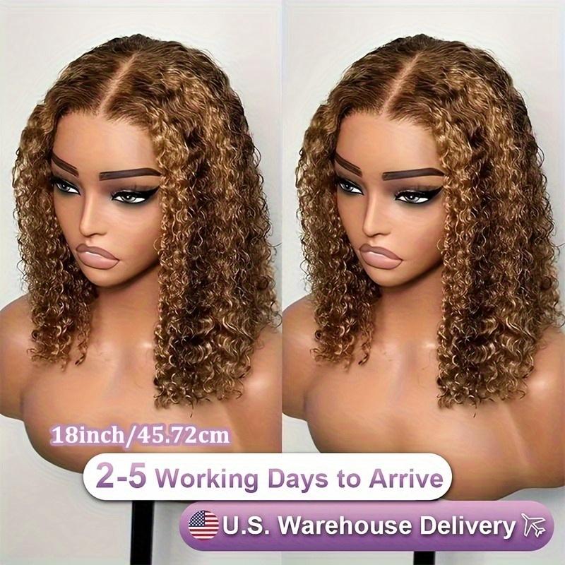 Fashion New Human Hair Bundles Highlight Honey Blonde Curly Bob Wig Human Hair 4/ 27 Ombre Highlight Lace Front Wigs Human Hair 13x4 Lace Short Curly Bob Wig Pre Plucked With Baby Hair 180% Density Wigs For Women