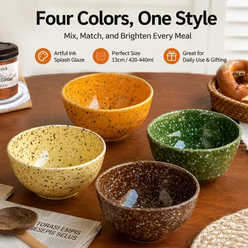 Vintage Splash‑Ink Ceramic Bowl 440ml, Speckled Glaze Porcelain Dinner Bowl, Irregular Hand‑Finished Salad Rice Soup Bowl, Multi‑Color Tableware for Kitchen Dining Home Daily Use