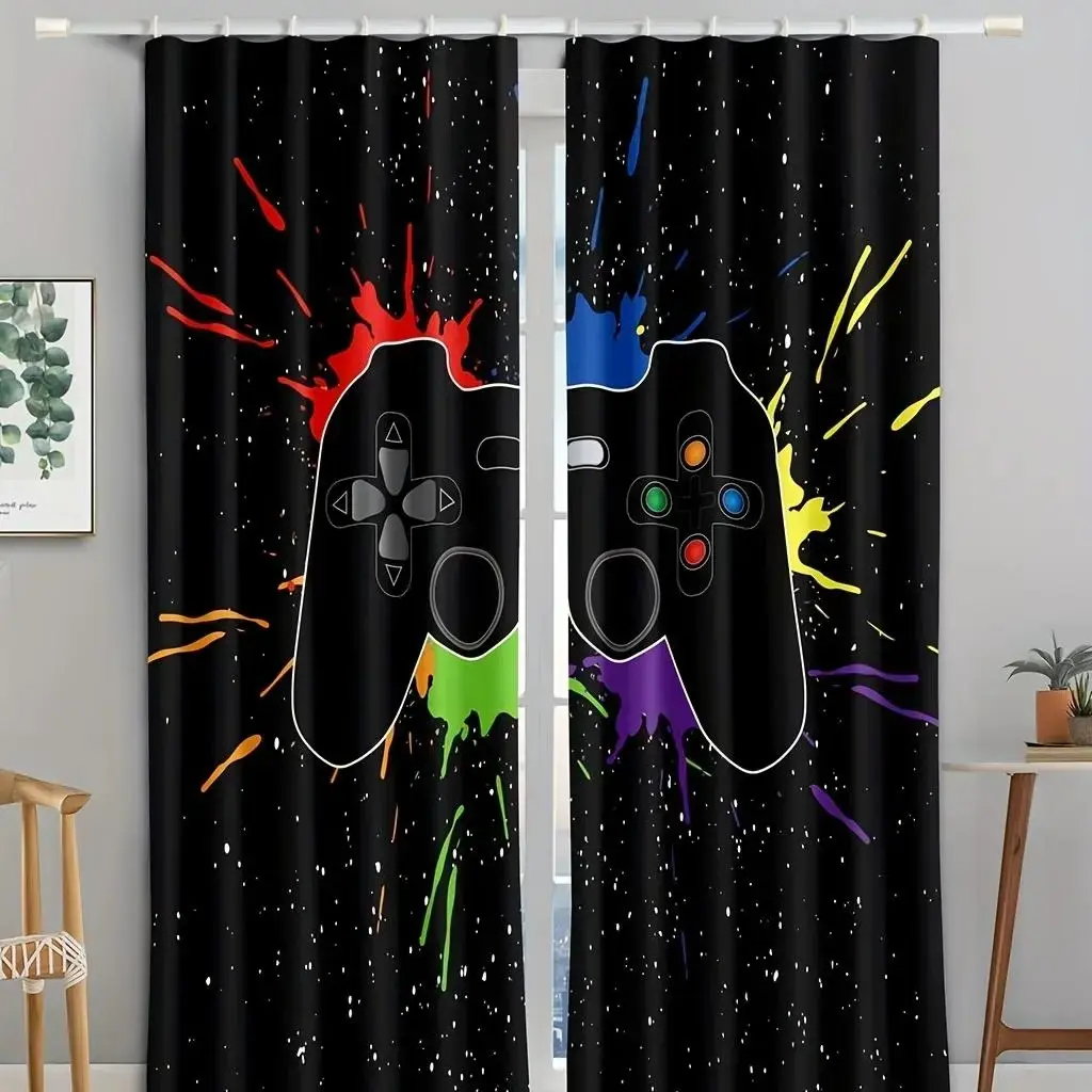 Colorful Splash Game Controller Printed Curtains 2 Panels, Black Starry Background Gamer Room Decor Washable Polyester Window Curtains