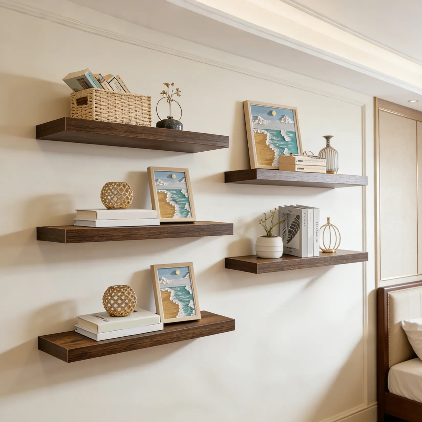 Garvee Rustic Floating Wall Shelves Set - Wall-Mounted Wood Display Ledges with Hidden Metal Brackets, Easy Install for Living Room, Bedroom, Kitchen & Bathroom Decor - Browm